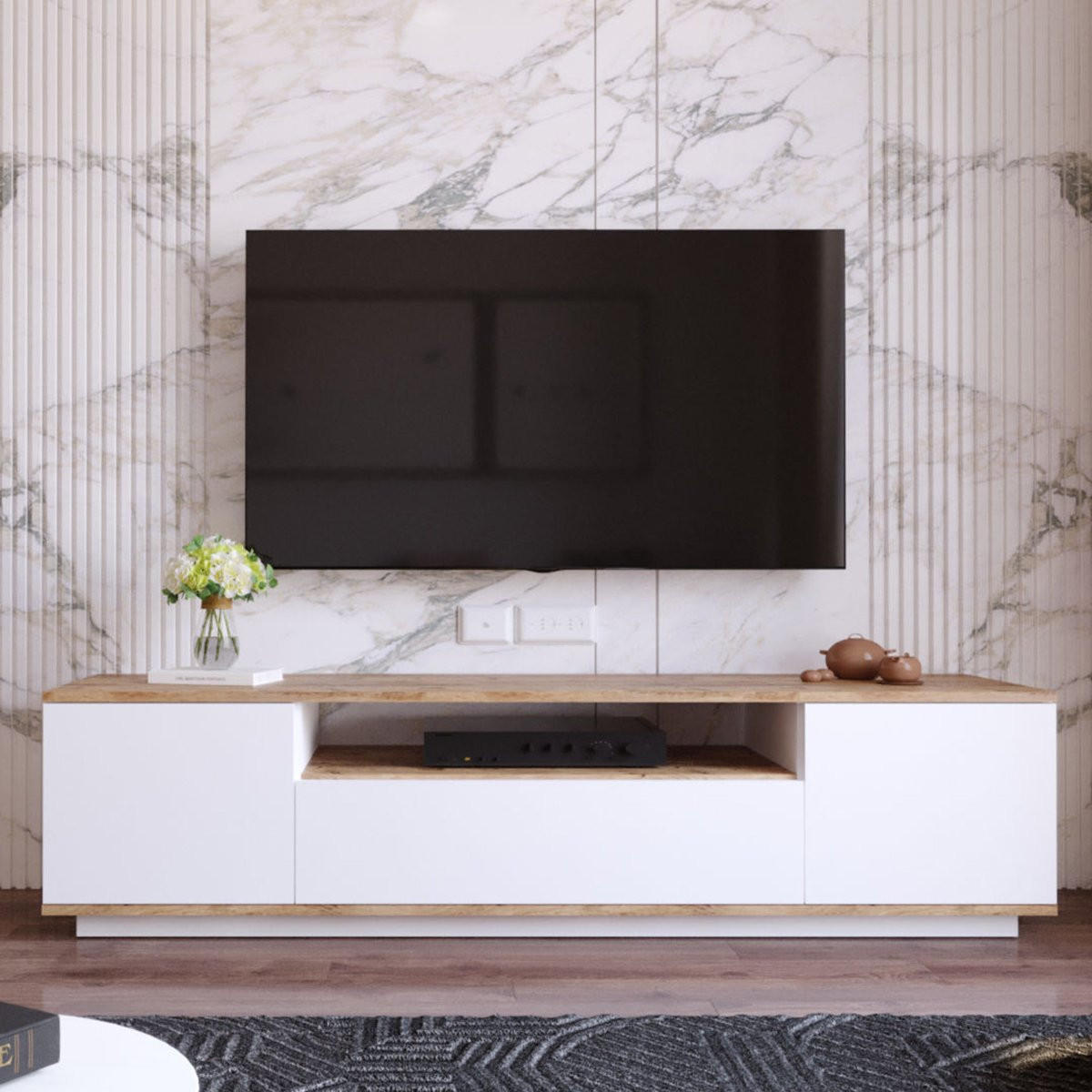TV-MÖBEL mit 3 Türen - L180 cm - Weiß, Holz/Holzwerkstoff (44.5/44.6/180cm) - Calicosy