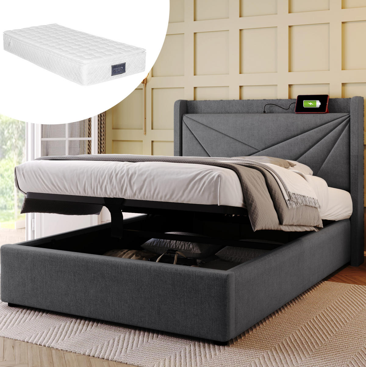 BETT mit Bettkasten und USB/Typ-C 90x200 cm Baumwoll-Leinen Grau inkl. Matratze - Grau, Metall (90/200cm) - Meubliv