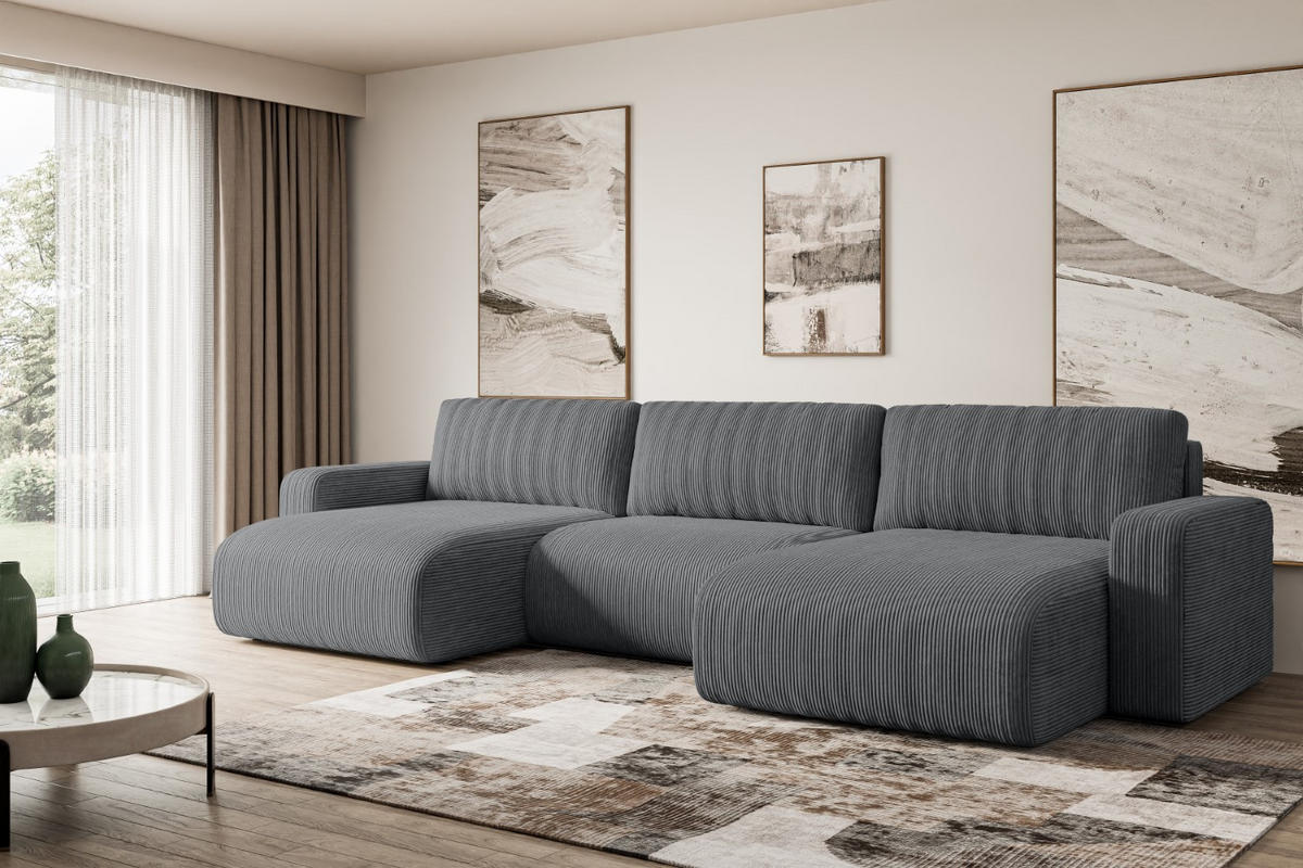 WOHNLANDSCHAFT mit Schlaffunktion und Bettkasten KLEEA-U - 347x143x83 cm Dunkelgrau Cord - Dunkelgrau/Schwarz, Holzwerkstoff/Kunststoff (347/83/143cm) - ALTDECOR