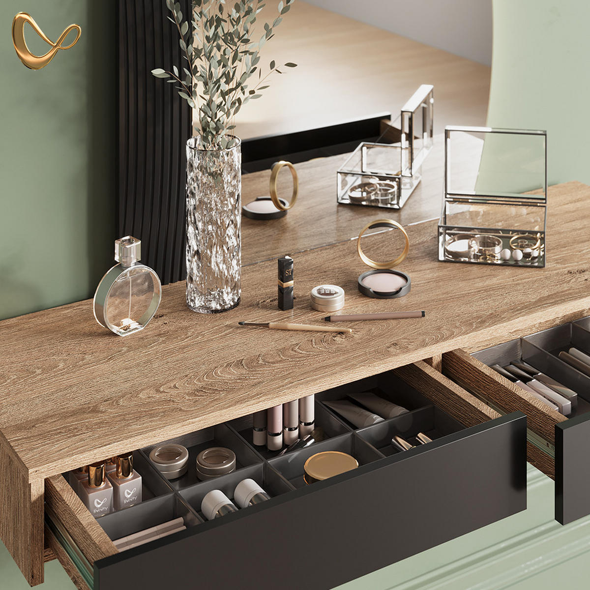 SCHMINKTISCH Ascona Schwarz mit Beleuchtung und Hocker - Eichefarben/Schwarz, Holzwerkstoff (120/161.1/40cm) - Livinity®