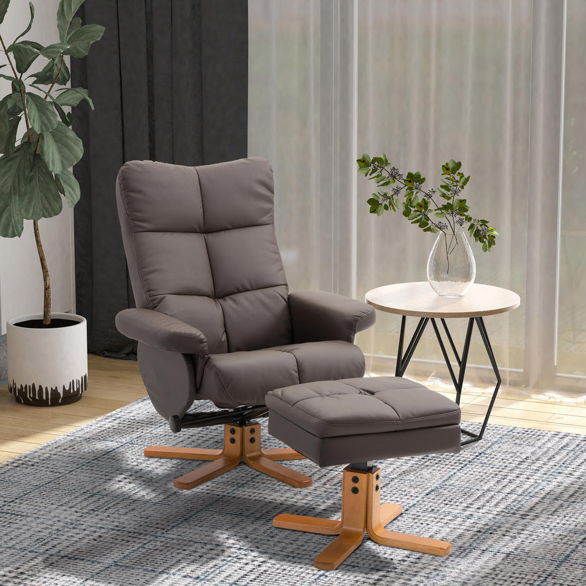 RELAXSESSEL mit Hocker Fernsehsessel 360° drehbar Liegefunktion Holz Braun - Braun, Holz (86/99/80cm) - HOMCOM