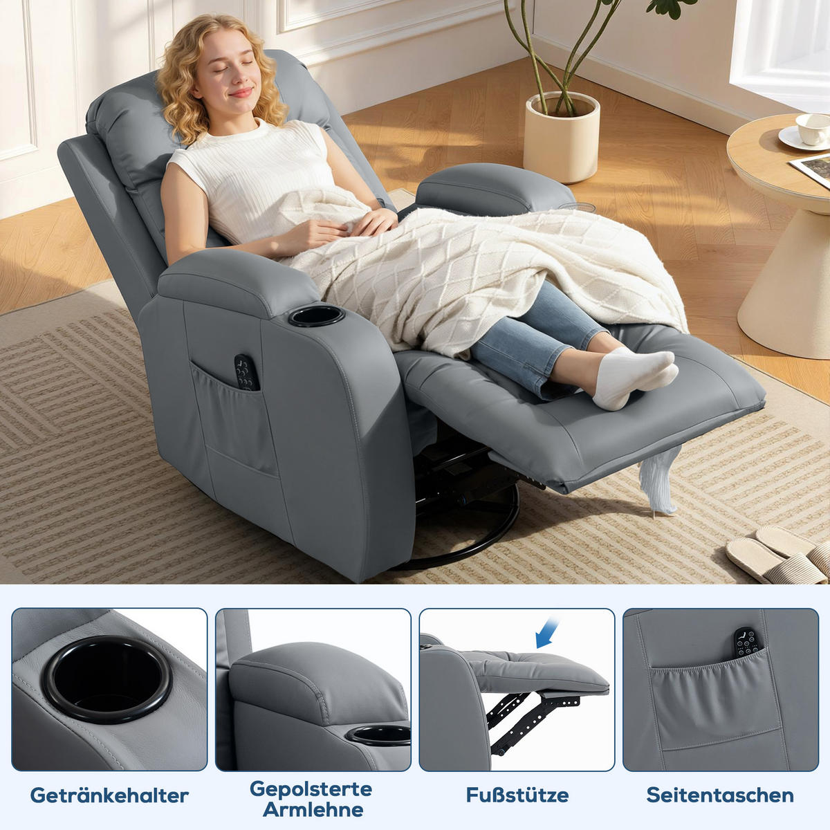 MASSAGESESSEL DE-06430 Wipp-, Liege- & Wärmefunktion, 145° neigbar, drehbar Hellgrau - Hellgrau, Metall (82/103/99cm) - ComfortXL