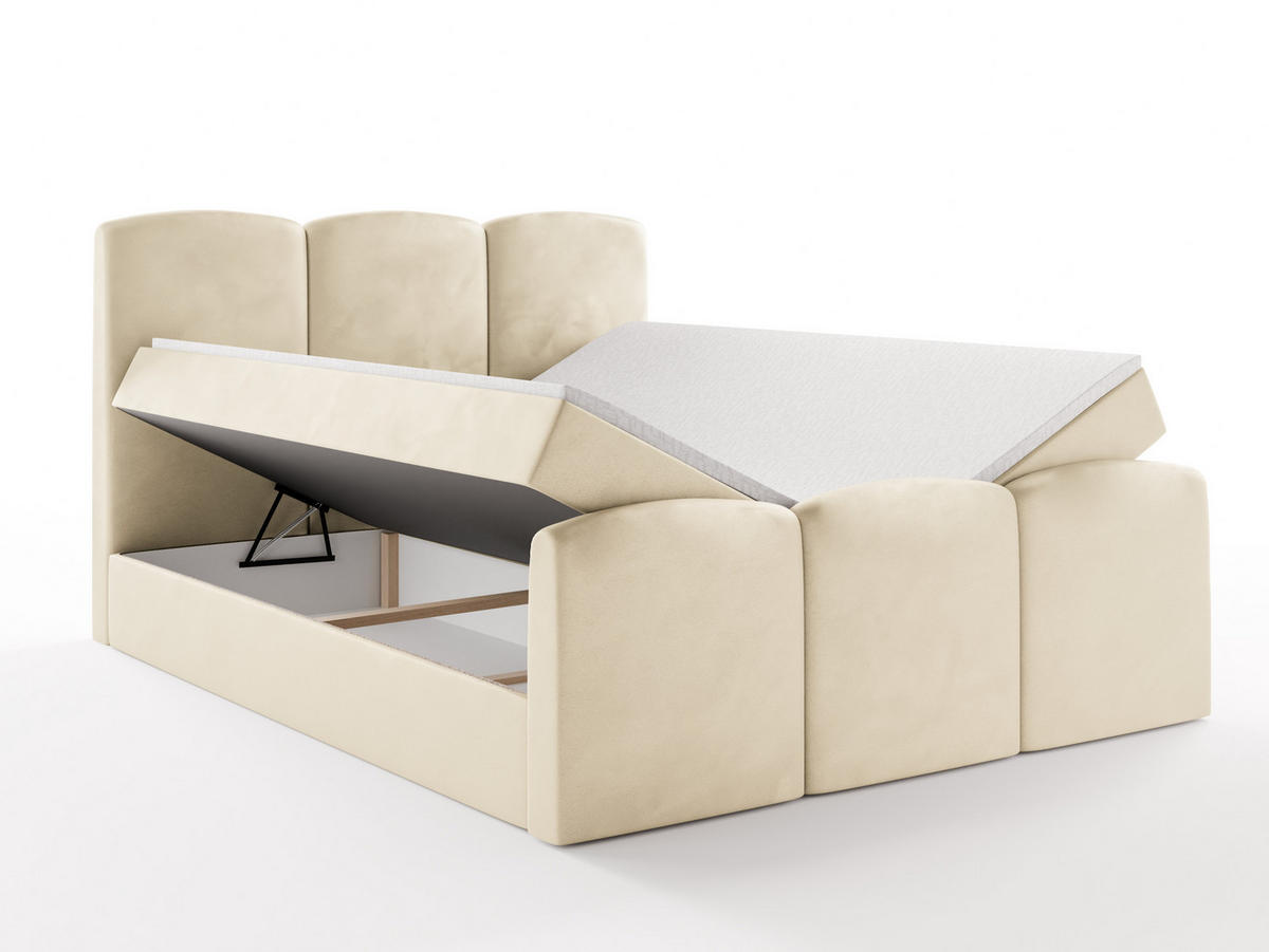 BOXBETT SAVIO 180x200 cm mit Bettkasten, Bonell-Matratze H3 und Topper – Samt Creme - Creme, Textil (180/200cm) - Luxkor24