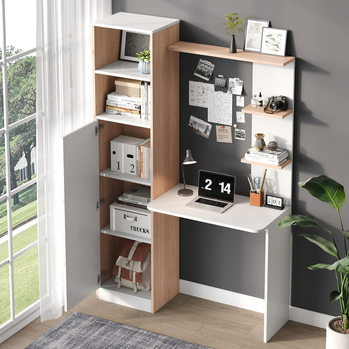 SCHREIBTISCH 123,5/45/168,5 cm weiß mit Holzkontrast und Stauraum - Naturfarben, Holzwerkstoff (123.5/45/168.5cm) - OKWISH