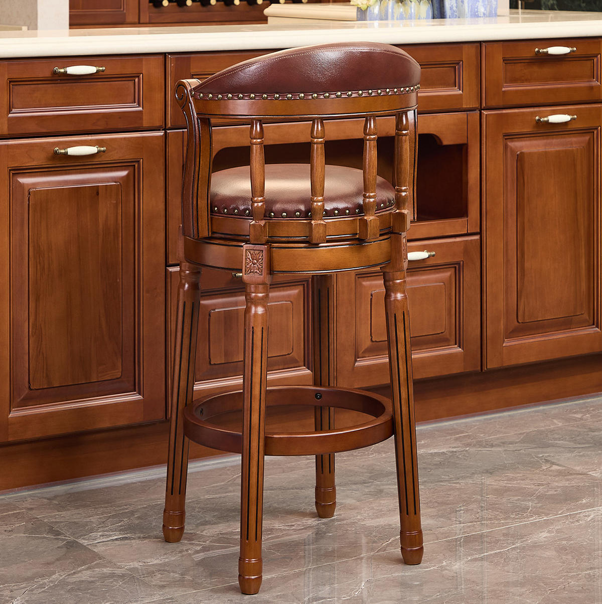 BARHOCKER drehbar mit Rückenlehne Sitzhöhe 75 cm Echtleder Braun Holz - Braun, Holz (54.8/96/54.81cm) - Meubliv