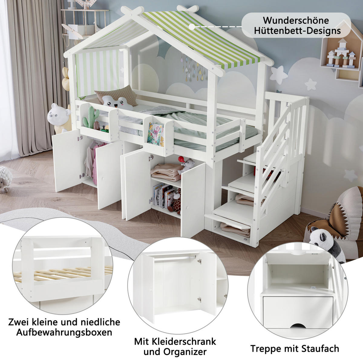 ETAGENBETT 90/200 cm mit Stauraumtreppe, Kleiderschrank, Fallschutz und Dachdesign, Weiß/Grün - Weiß, Holz (90/200cm) - Redom