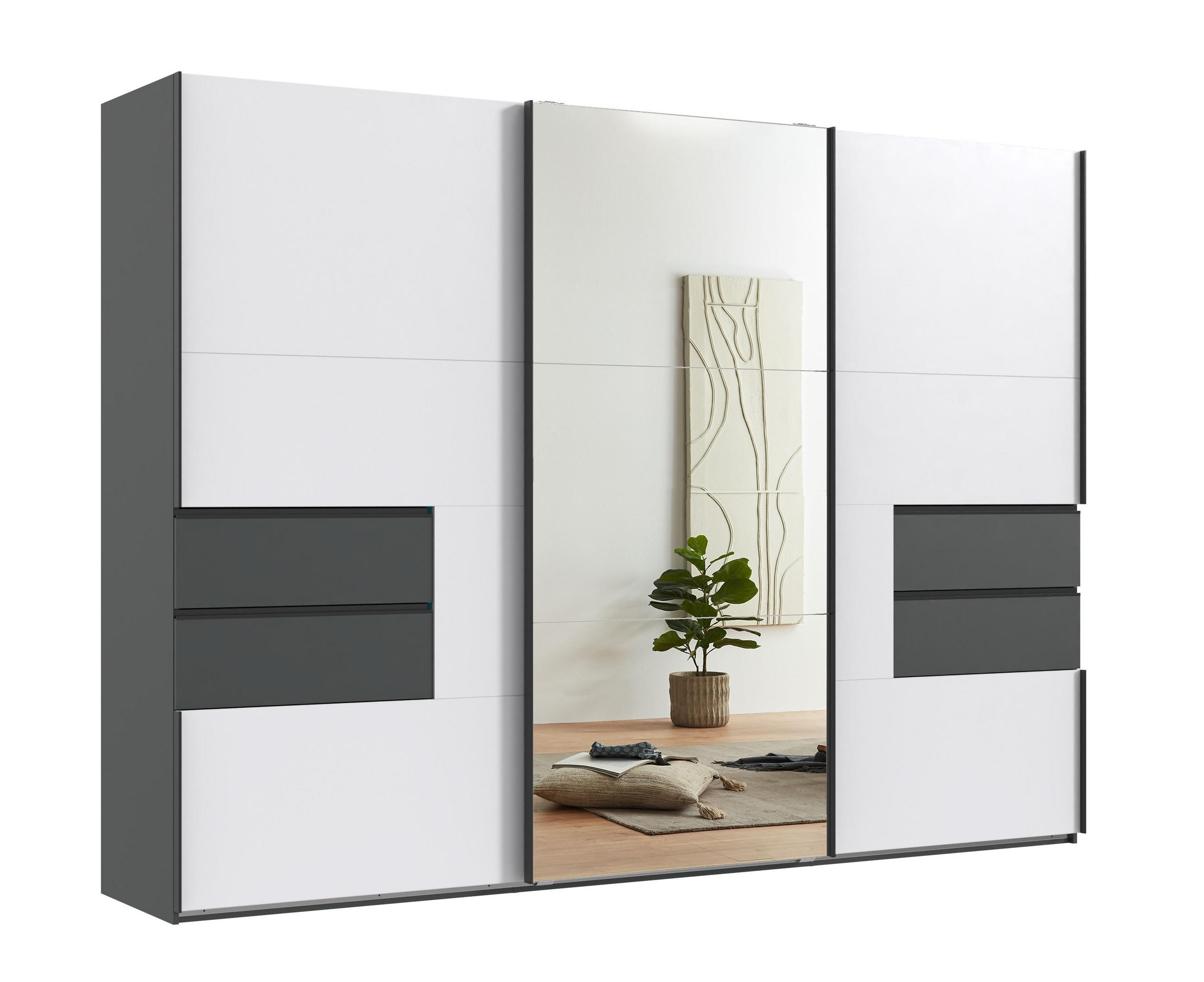 luma-home SKŘÍŇ S POSUVNÝMI DVEŘMI, 3dveřová, 300 × 216 × 65 cm (Š×V×H), korpus a zásuvky v barvě grafit, dveře bílé / zrcadlové / 22054