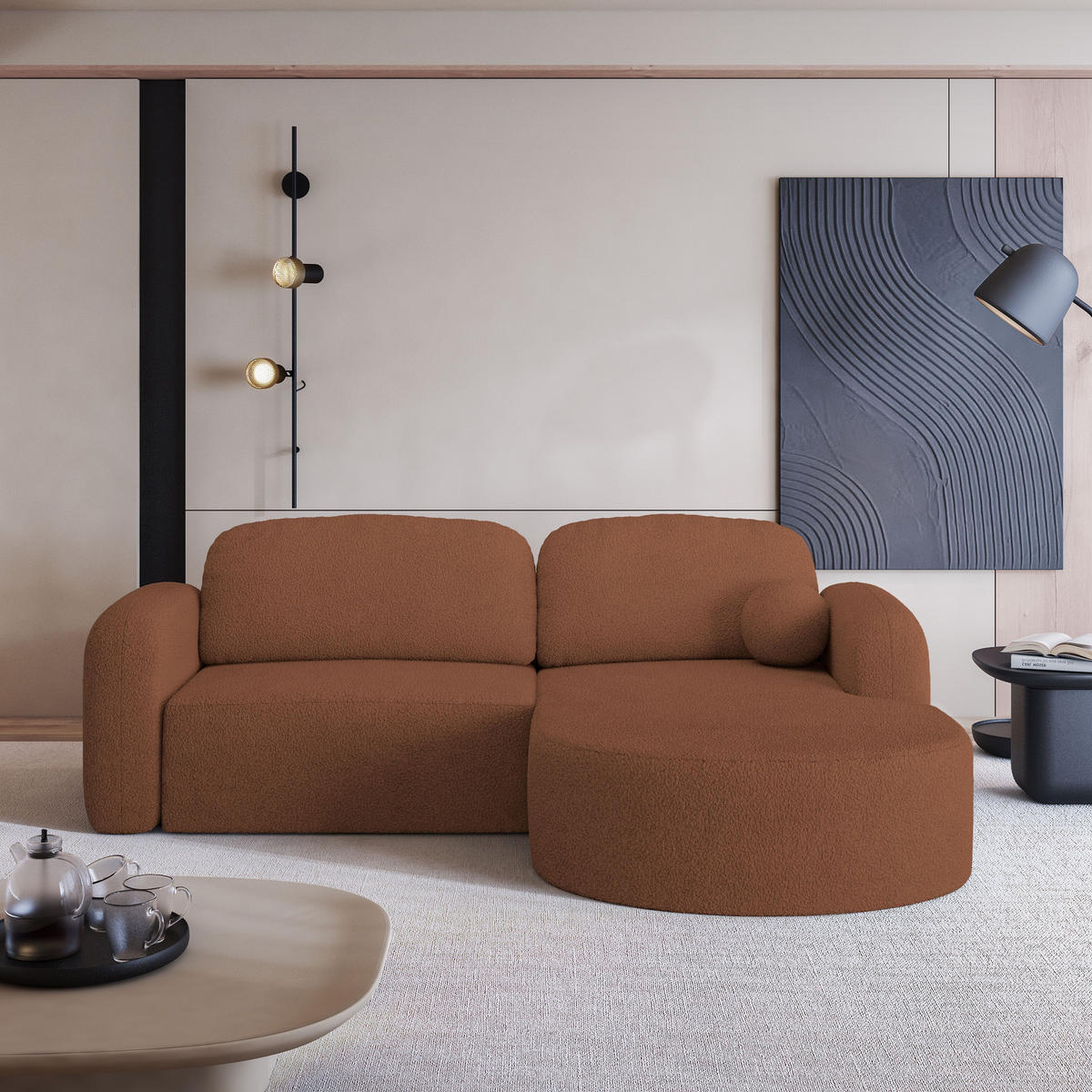 ECKSOFA AMILIA R-S Kupferfarben Boucle-Stoff mit Schlaffunktion - Kupferfarben, Holz (263/174cm) - MASSENO