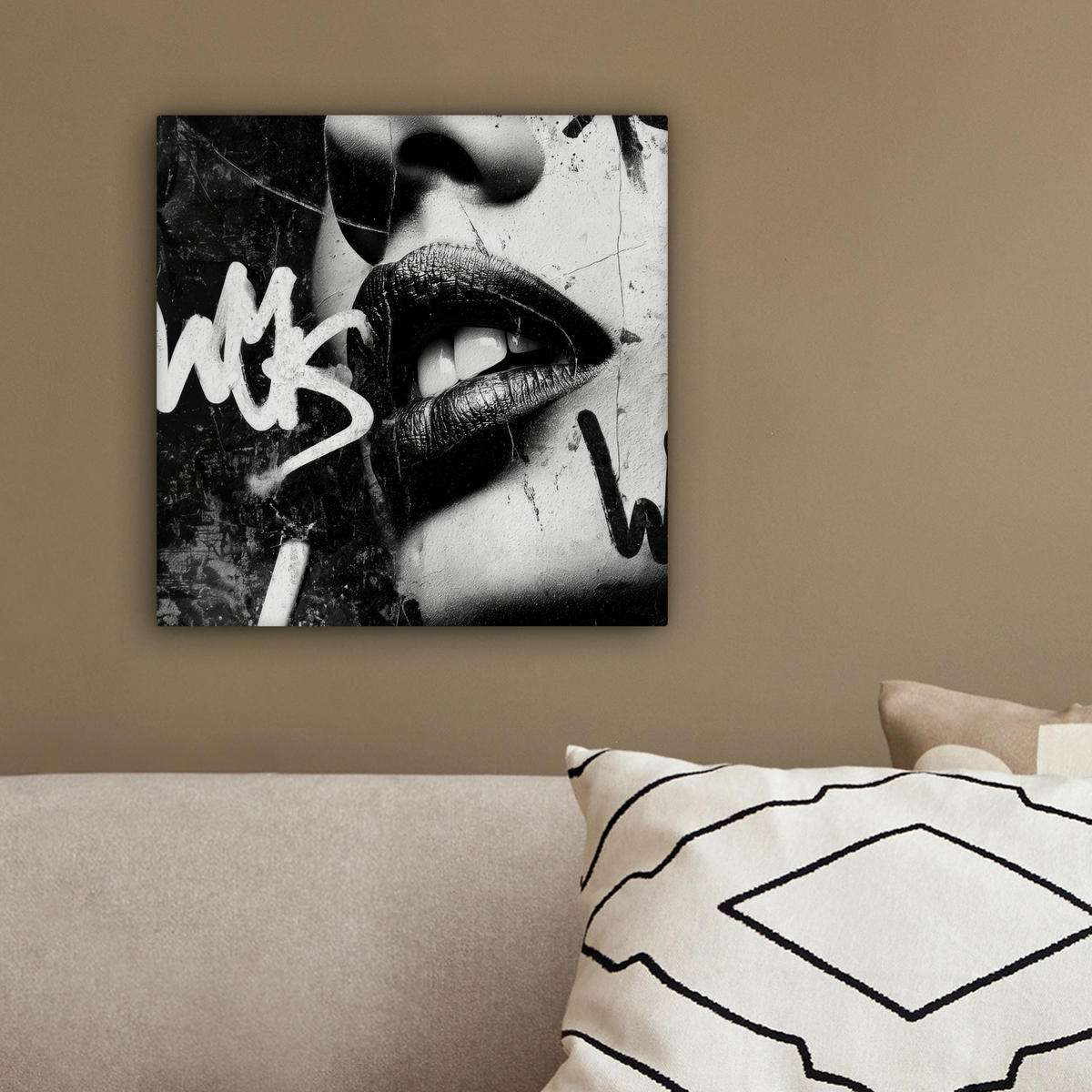 LEINWANDBILD Gesicht - Mund - Graffiti - Schwarz Deko Wohnzimmer 20x20 cm - Schwarz, Textil (20/20cm) - MuchoWow