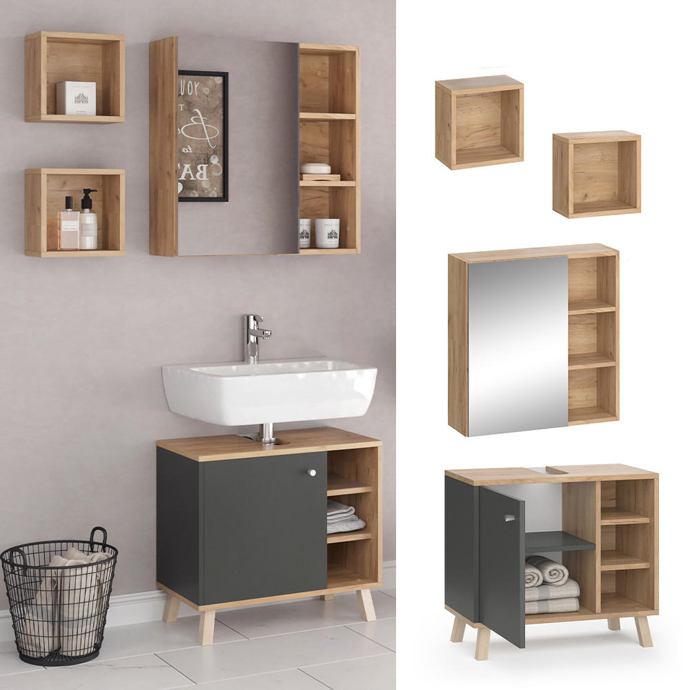 BADMÖBEL-SET Senyo Anthrazit 3 Teile - Anthrazit/Eiche Wotan, Holzwerkstoff (62/54/32cm) - Vicco