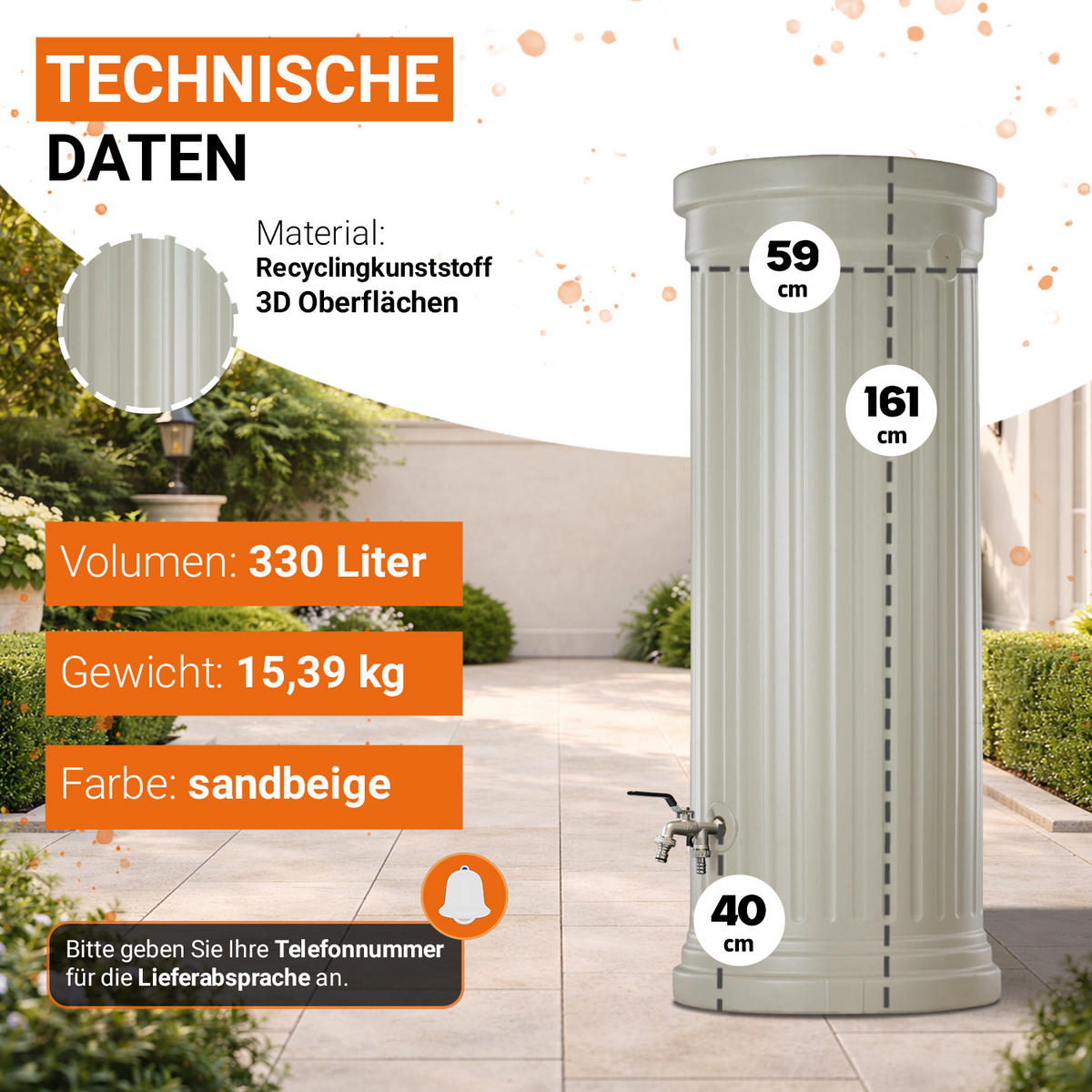 SÄULENTANK Komplett-Set 330 L, sandbeige inkl. Chrom-Doppelauslaufhahn und Fallrohranschluss - Beige, Kunststoff (59/161/80cm) - GARANTIA