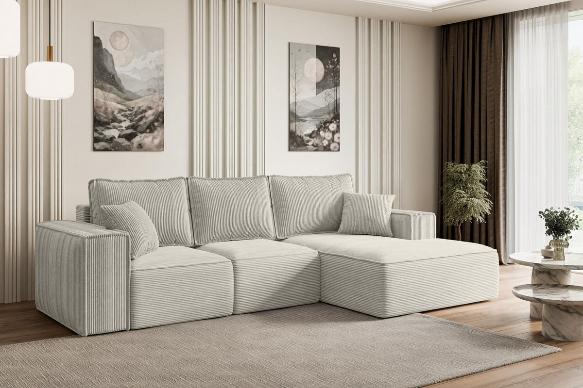 ECKSOFA mit Schlaffunktion und Bettkasten SERRA-L-S - 266x161x87 cm Hellgrau Cord - Hellgrau/Schwarz, Holzwerkstoff/Kunststoff (266/161cm) - ALTDECOR