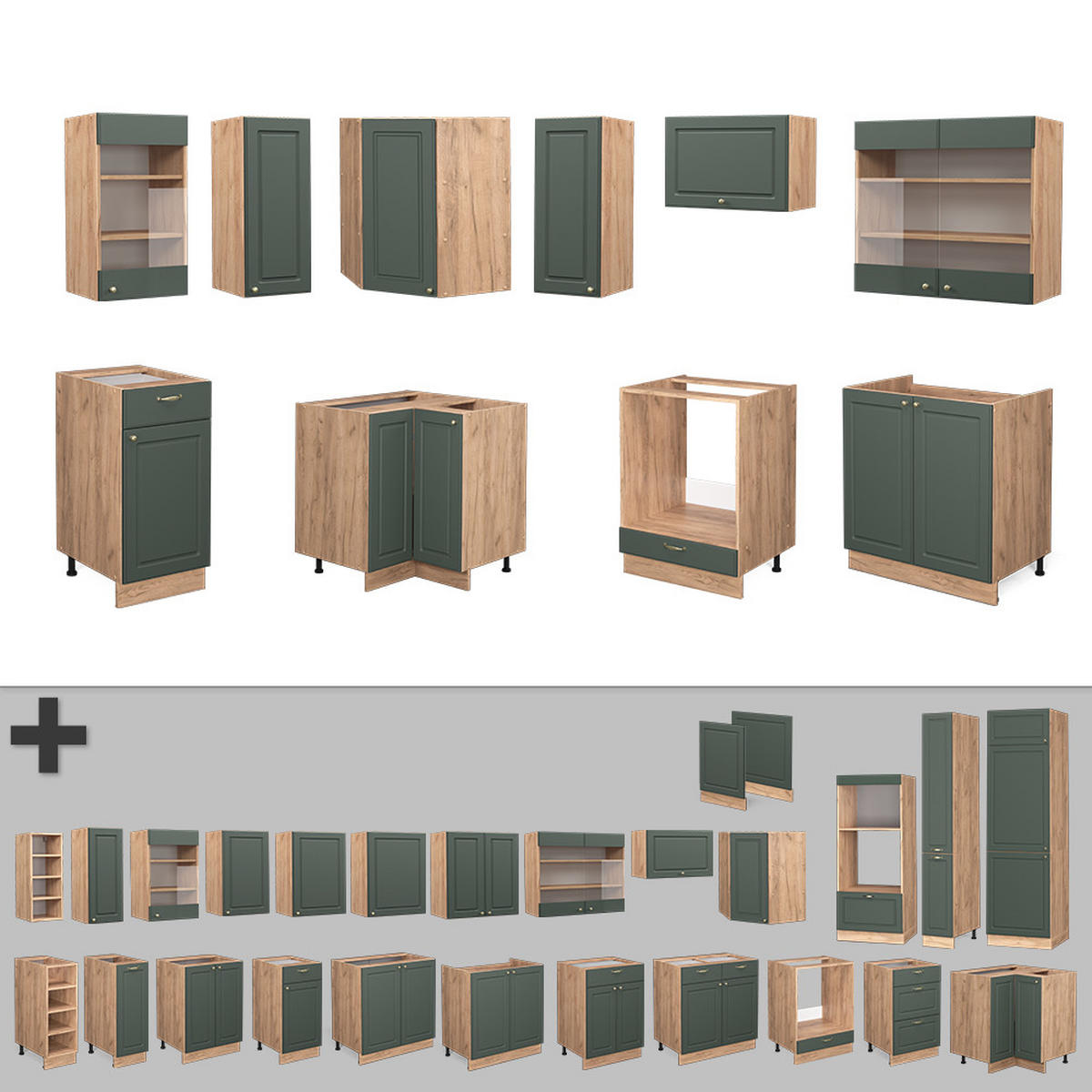 ECKKÜCHE Fame-Line Grün-Gold Landhaus/Goldkraft Eiche 160 x 60 cm ohne AP - Eiche Wotan/Grün, Holzwerkstoff (190/81.6/46cm) - Vicco