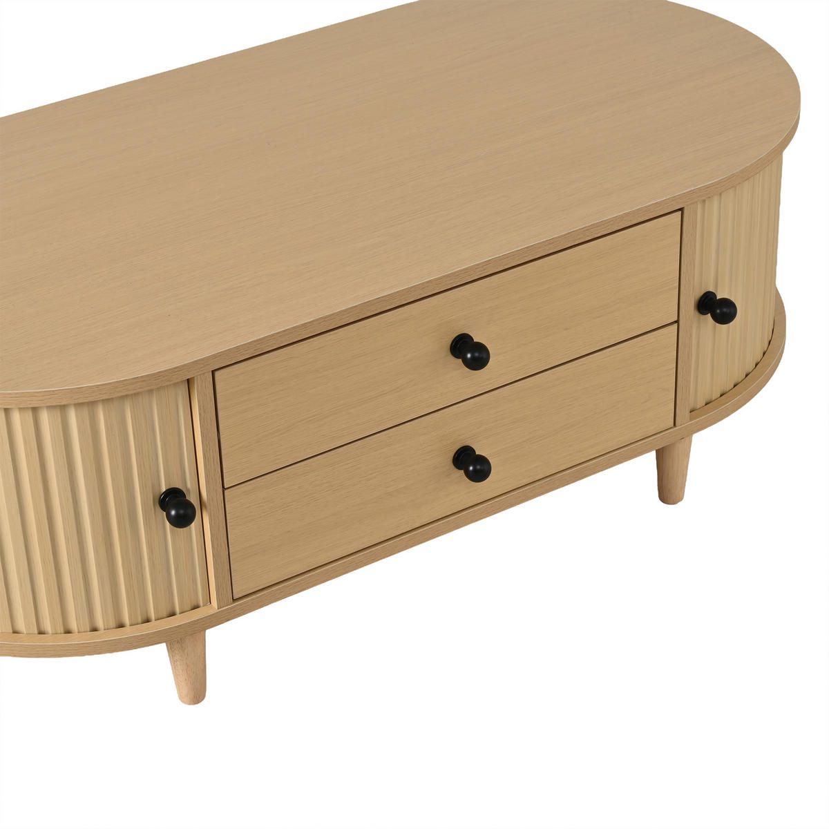 COUCHTISCH in Holzoptik Runder Kaffeetisch mit Rolltüren und Schubladen, Massivholzbeinen, 100/50/36 cm - Hellbraun, Holzwerkstoff (50/100/36cm) - STILVORA