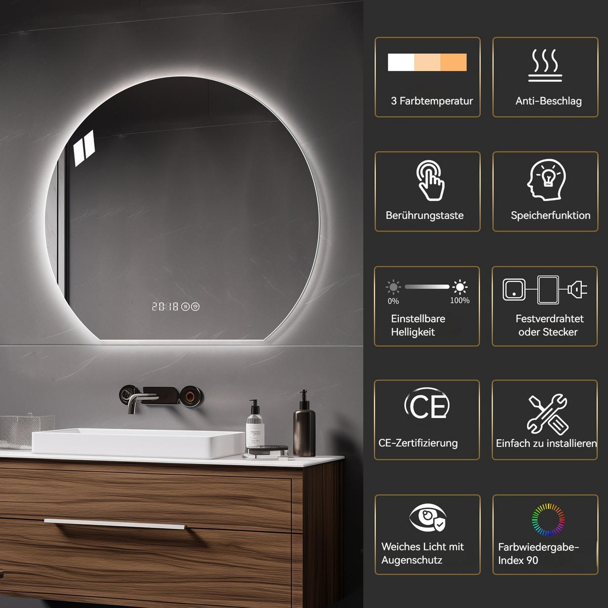 LED Badezimmerspiegel 80x72x2.5cm Silber, dimmbar mit 3 Lichtfarben, Entspiegelung & Smart-Display - Silberfarben, Glas (2.5/80/72cm) - Modfu