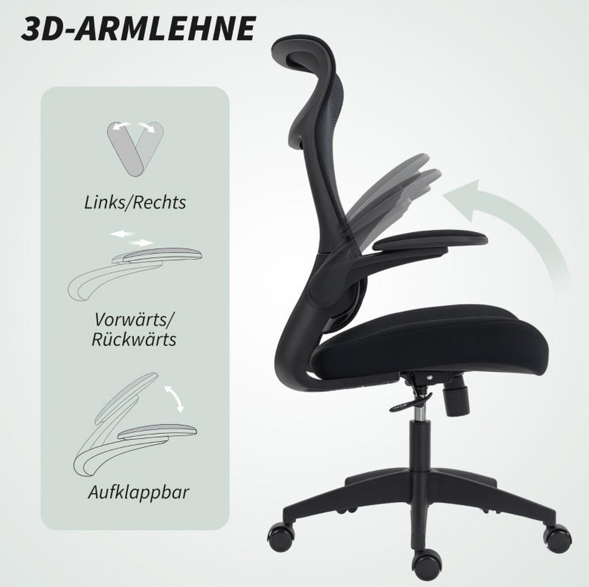 DREHSTUHL 64/65/108–118 cm, ergonomisch mit Netzrücken, 11 cm Polster, 3D-Armlehnen, Schwarz - Schwarz, Kunststoff (64/118/65cm) - Redom