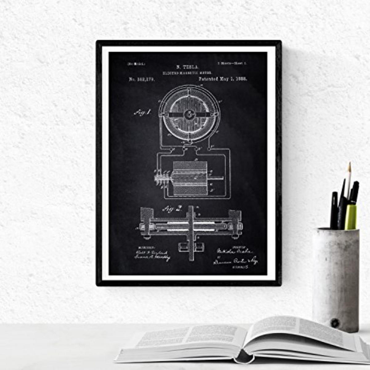 POSTER Set mit 4 Schwarz Patenten Strom A4 Schwarzer Rahmen - Schwarz, Papier (29.7/3cm) - Nacnic