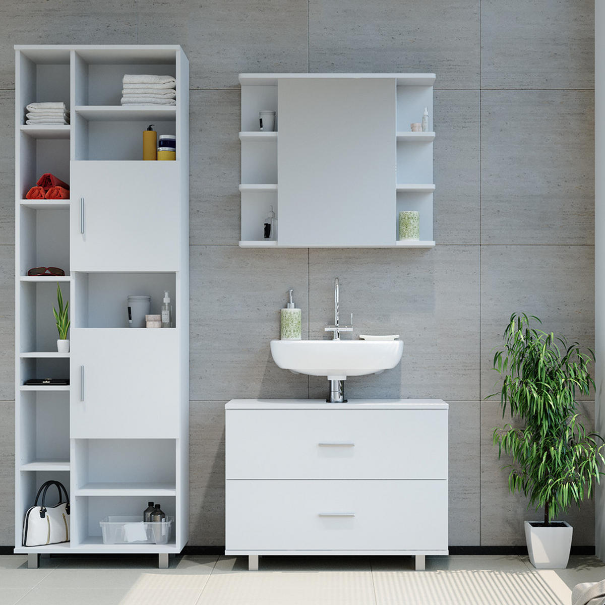 BADMÖBEL-SET Ilias Weiß 3 Teile, mit Hochschrank - Weiß, Holzwerkstoff (80.2/60.8/33cm) - Vicco
