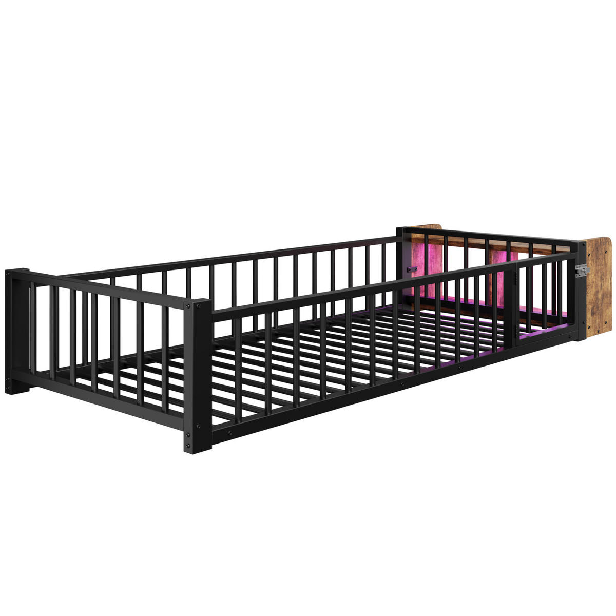 KINDERBETT aus Metall und MDF 90x200 cm Schwarz mit Schutzgeländer, offenem Staufach und LED-Beleuchtung - Schwarz, Holzwerkstoff (90/200cm) - Modfu