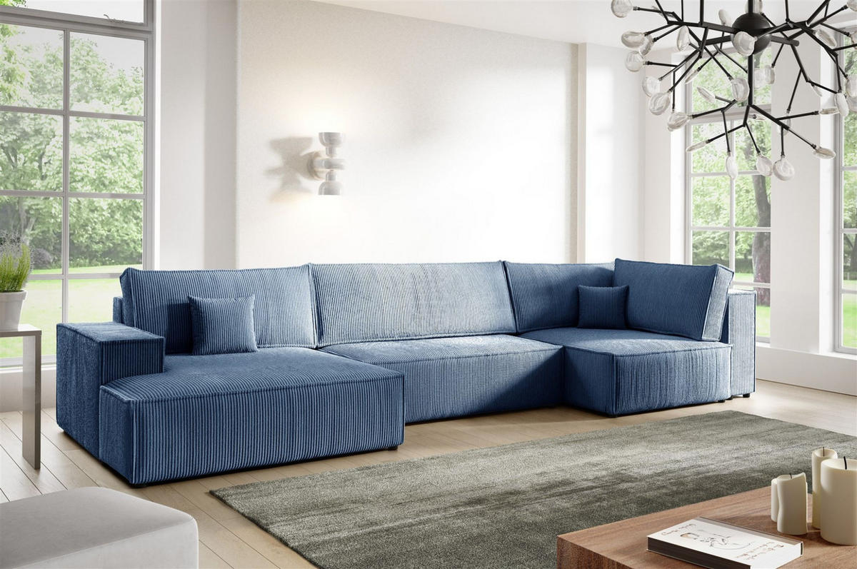 WOHNLANDSCHAFT Corunia - Blau, Holzwerkstoff/Textil (398/70/148cm) - Fun Möbel