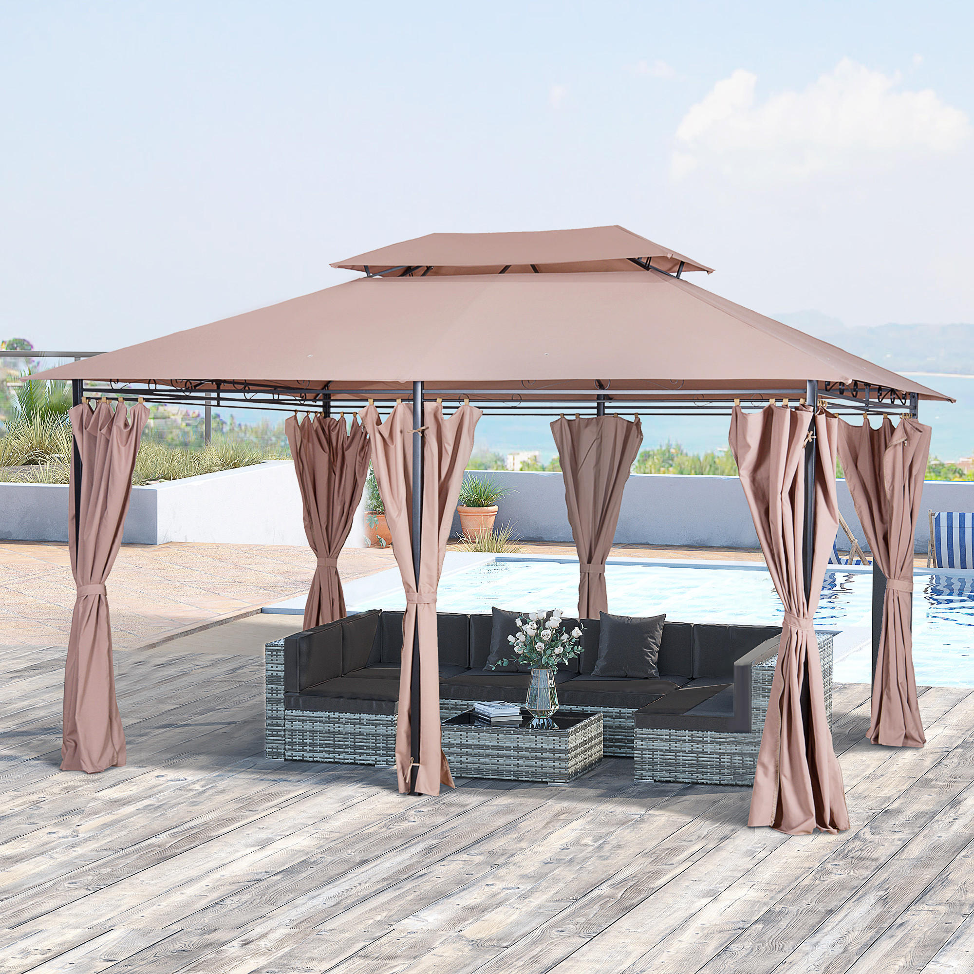 PAVILLON, Khaki, Stahl, Polyester-Gewebe - Braun, Metall (400/280/300cm) - Outsunny