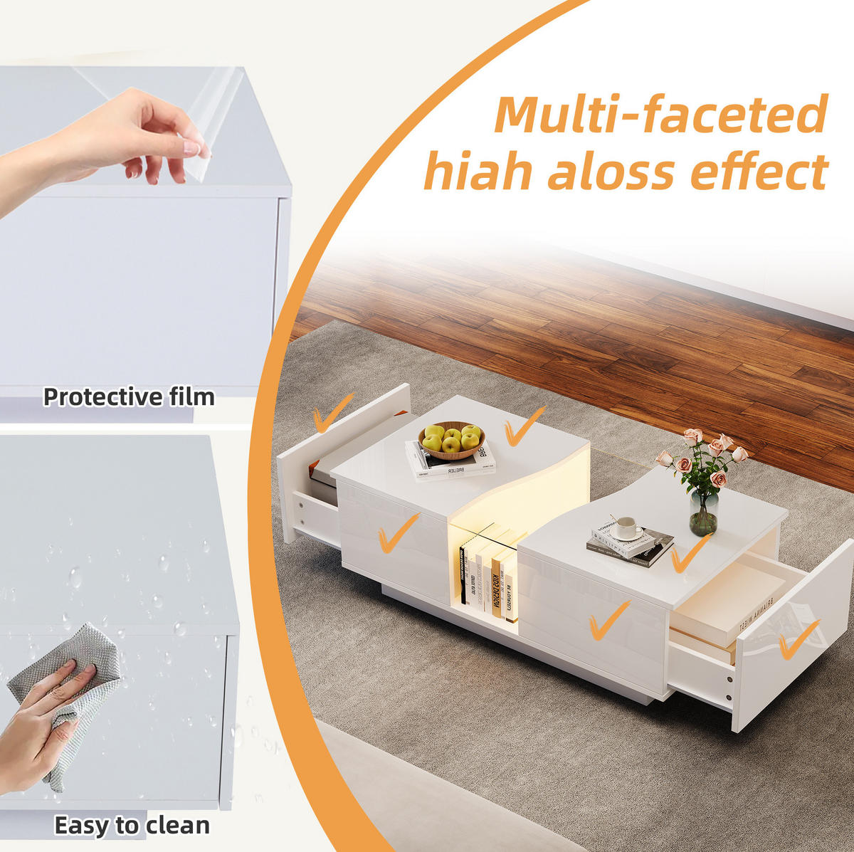 COUCHTISCH 100/50/35 cm weiß aus MDF mit LED und Schubladen - Weiß, Holzwerkstoff (100/50/35cm) - OKMYHOME