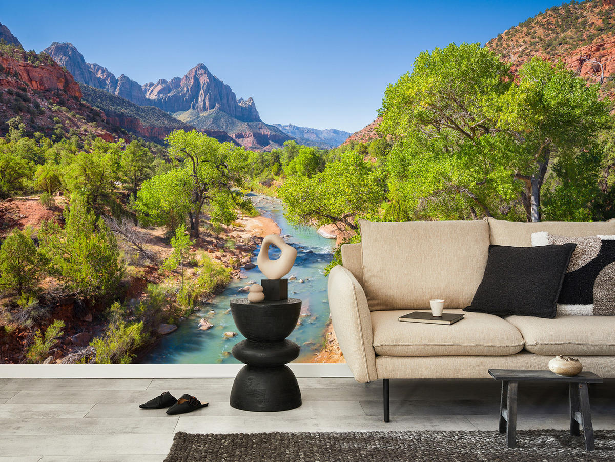 FOTOTAPETE für Esszimmer Virgin River Bäume Felsen Berge Natur 400x280 - Türkis/Blau, Papier (400/280cm) - Muralo