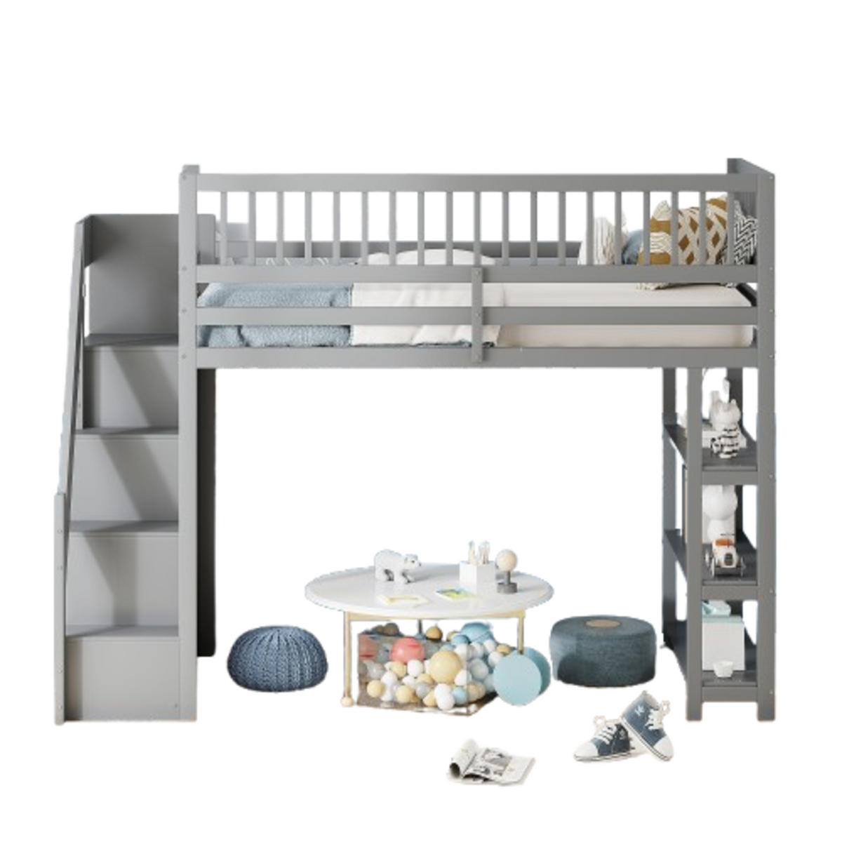 HOCHBETT 90/200 cm Grau mit Sicherheitsleiter und Stauraum ohne Matratze - Grau, Holz (90/200cm) - OKWISH