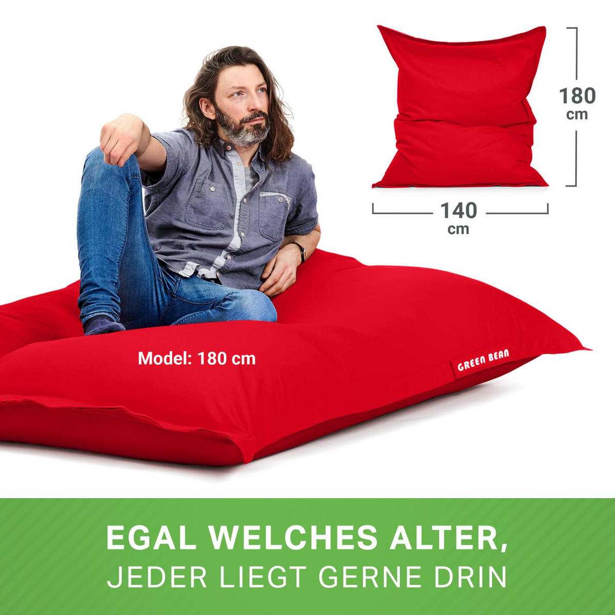 SITZSACK XXL "Square" 140x180cm - 380 L - Rot, Textil (140/25/180cm) - Green Bean