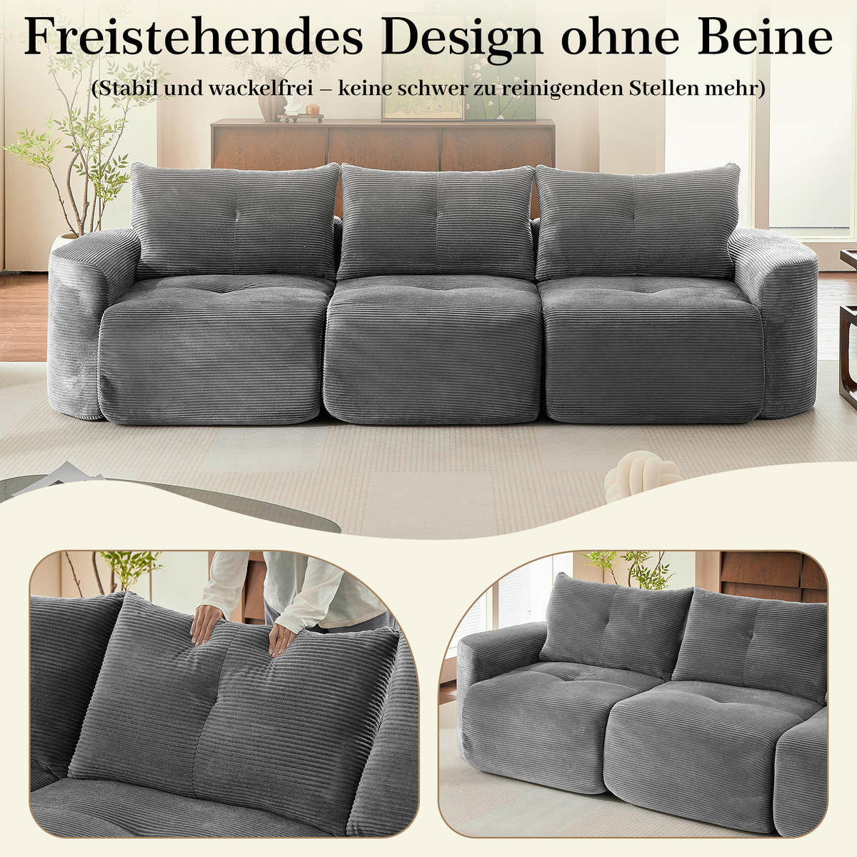 3-SITZER-SOFA 2+1 Wabi-Sabi Cord, DE-42909, Anthrazit - Grau, Textil (279/94/100cm) - ComfortXL
