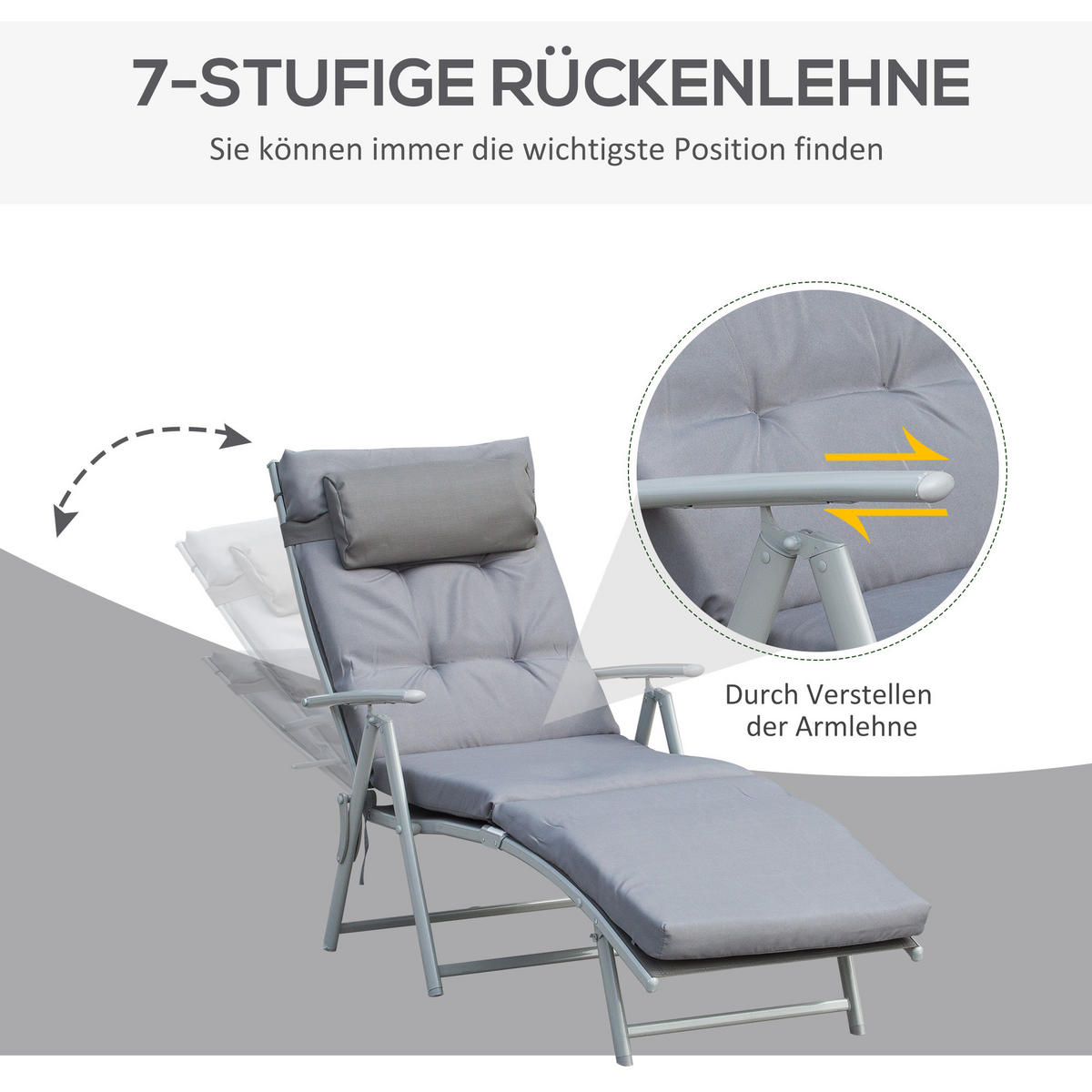 SONNENLIEGE, verstellbar, 137 x 63,5 x 100,5 cm, Metall, Stoff, Grau - Grau, Kunststoff (137/5/63cm) - Outsunny