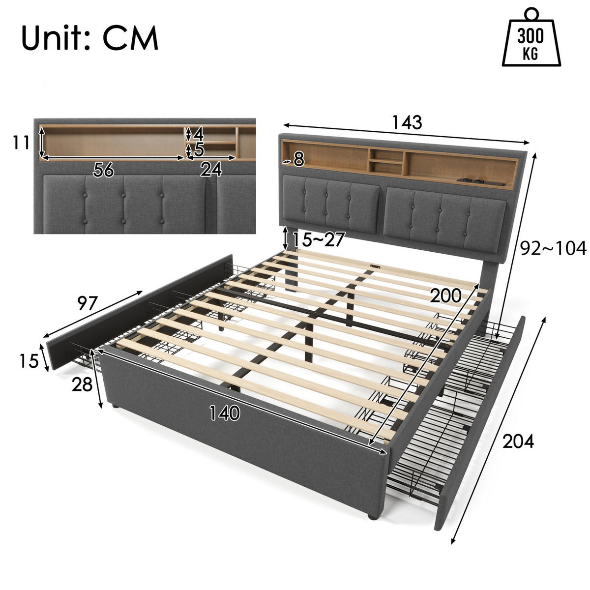 ČALÚNENÁ posteľ z ľanu 140x200 cm sivá s nastaviteľným čelom, 4 zásuvkami, USB-C a matracom - sivá, textil (140/200cm) - Modfu