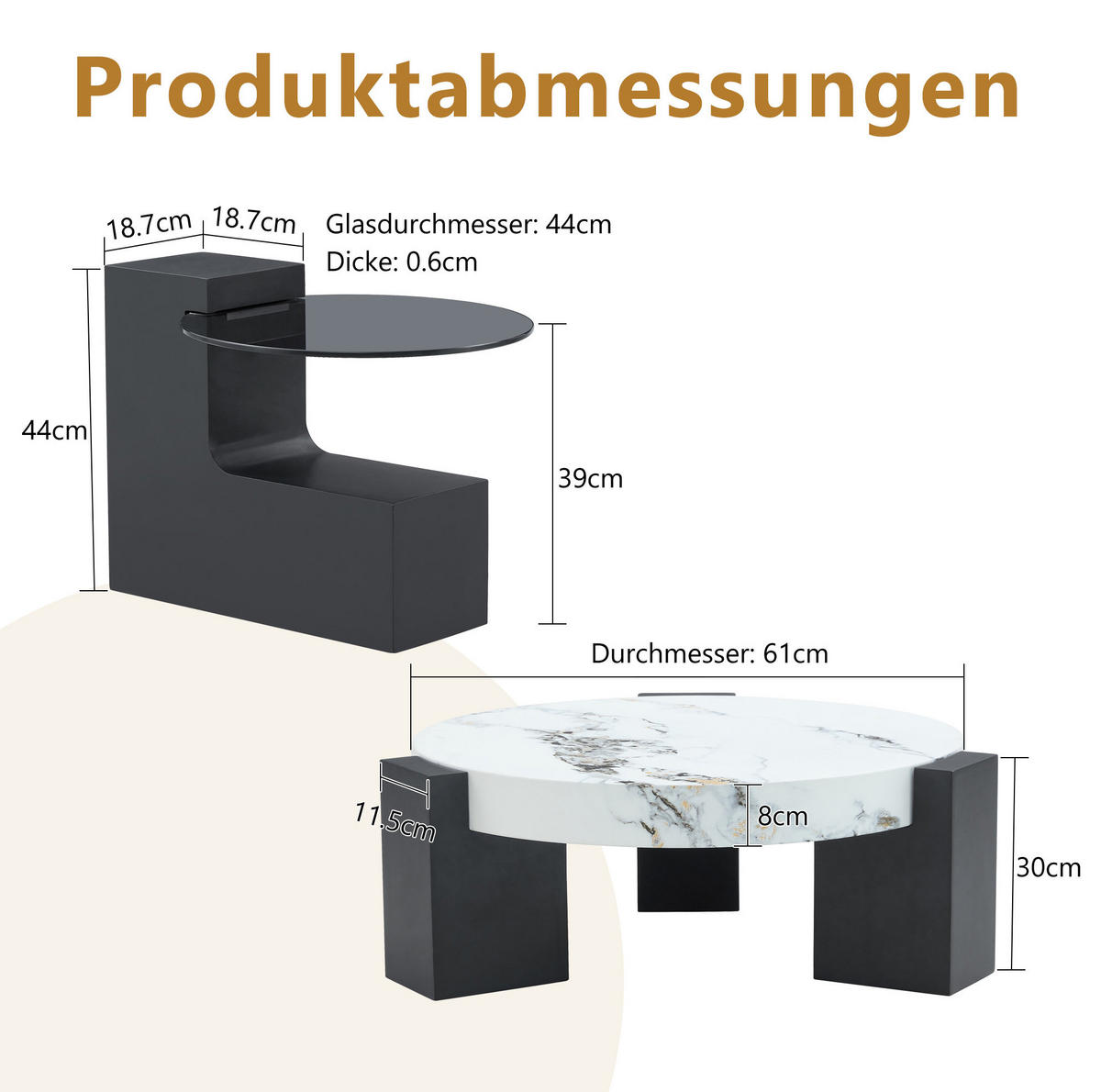 BEISTELLTISCH-SET 61/61/30 cm Weiß Schwarz mit Marmor-Optik mit 2 Ebenen - Schwarz, Holzwerkstoff (61/61/30cm) - OKWISH