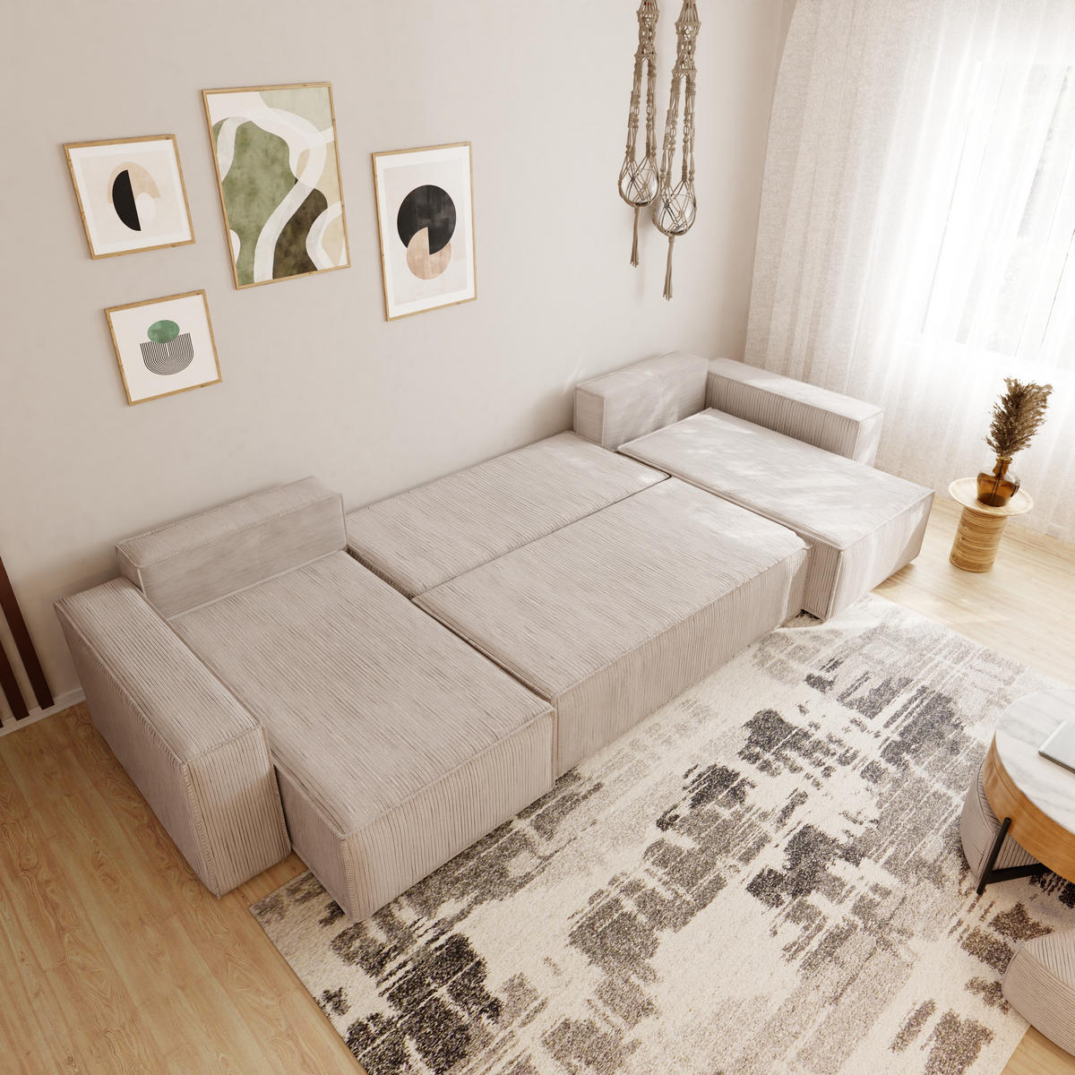ECKSOFA mit Schlaffunktion und Bettkasten, Beige - Beige, Holzwerkstoff/Textil (312/145cm) - Idohome