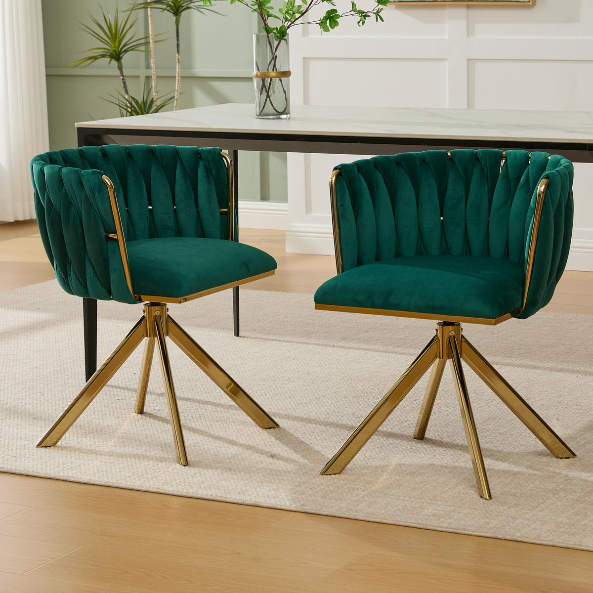 ARMLEHNSTUHL(SET à 2 Stück) mit Metallgestell - ergonomische Rückenlehne und 180° Schwenkfunktion - Smaragdgrün - Dunkelgrün, Textil/Metall (50/70/56cm) - KOMHTOM