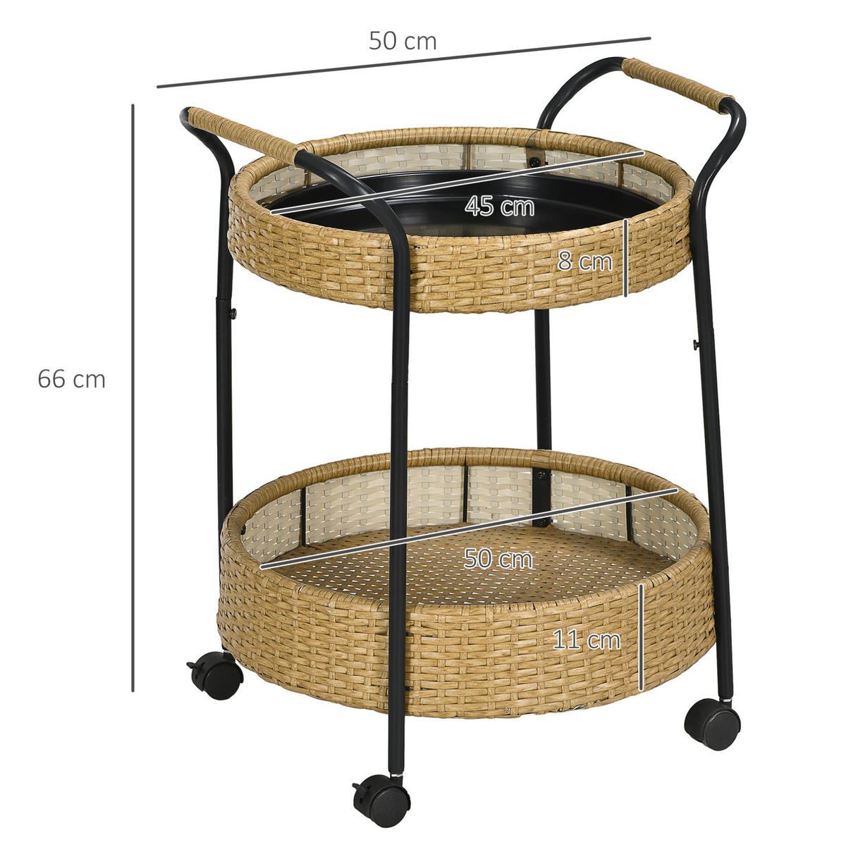 SERVIERWAGEN 50/50/66 cm mit 2 Ablagen, Rollen und Bremsen, Polyrattan, Gelb - Gelb, Naturmaterialen (50/66/50cm) - Redom