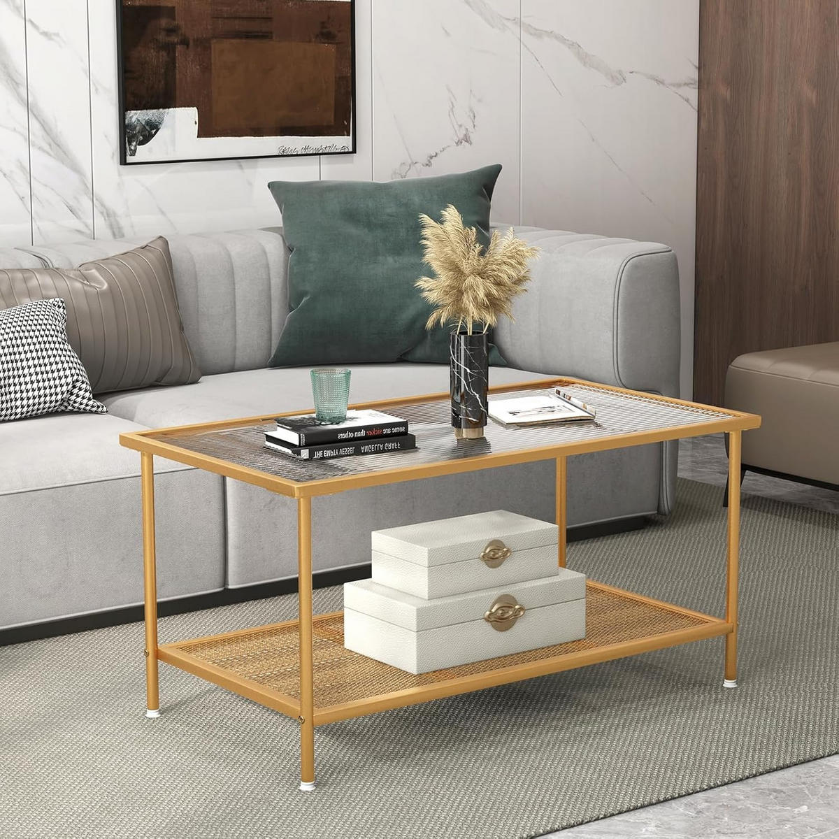 COUCHTISCH Glas Golden - Goldfarben, Glas (50/90/46cm) - COSTWAY