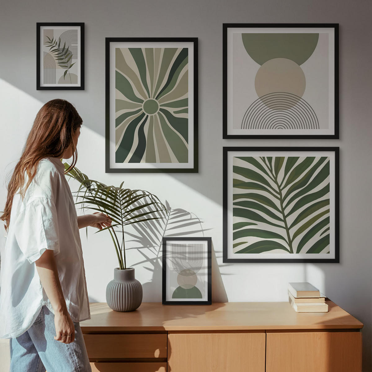 BILDER SET 5er Set - 50x50 cm & 20x30 cm & 40x60 cm Schwarzer Rahmen - Abstrakte Blätter im Boho-Stil - Schwarz, Kunststoff (40/60cm) - TULUP
