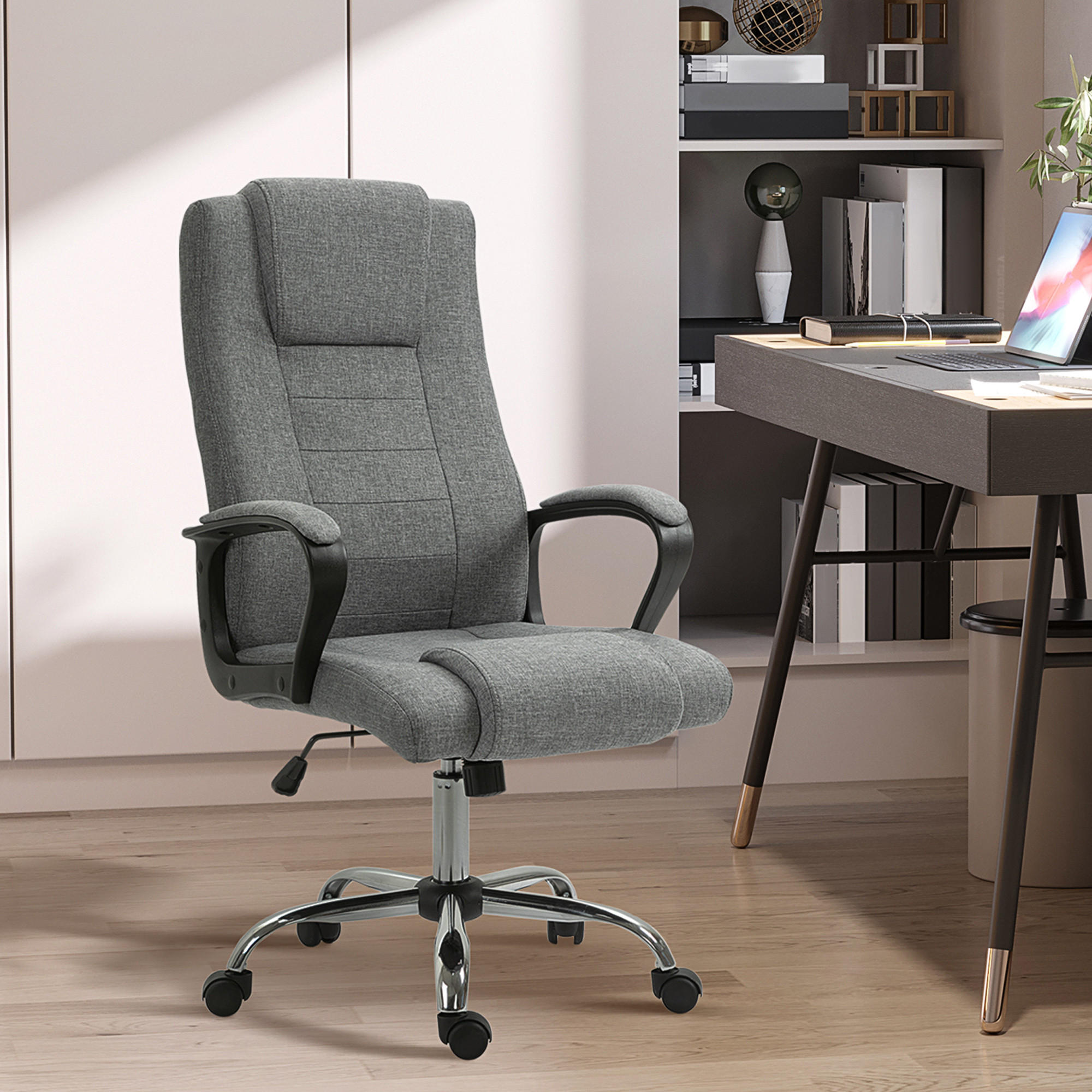 BÜROSTUHL Computerstuhl mit Wippenfunktion höhenverstellbar drehbar Leinen-Touch - Dunkelgrau, Kunststoff (62/119/76cm) - Vinsetto