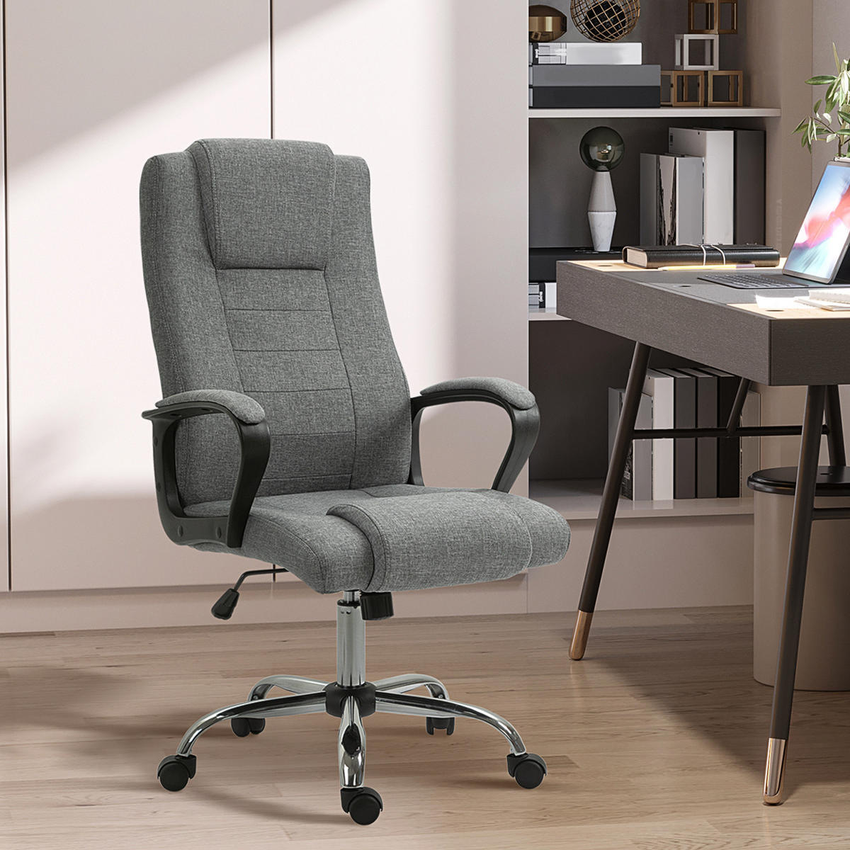 BÜROSTUHL Computerstuhl mit Wippenfunktion höhenverstellbar drehbar Leinen-Touch - Dunkelgrau, Kunststoff (62/119/76cm) - Vinsetto