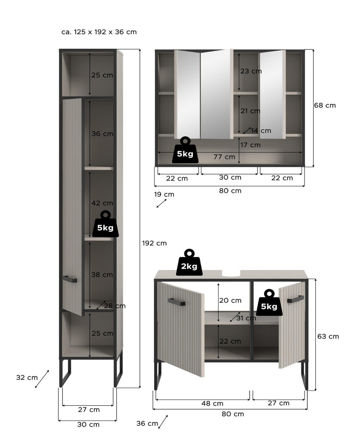 BADMÖBEL-SET 3-teilig Scana in schwarz, sand 125 cm, Kombination mit Soft-Close - Sandfarben/Schwarz, Glas/Holzwerkstoff (125/192/36cm) - Inn.Furn