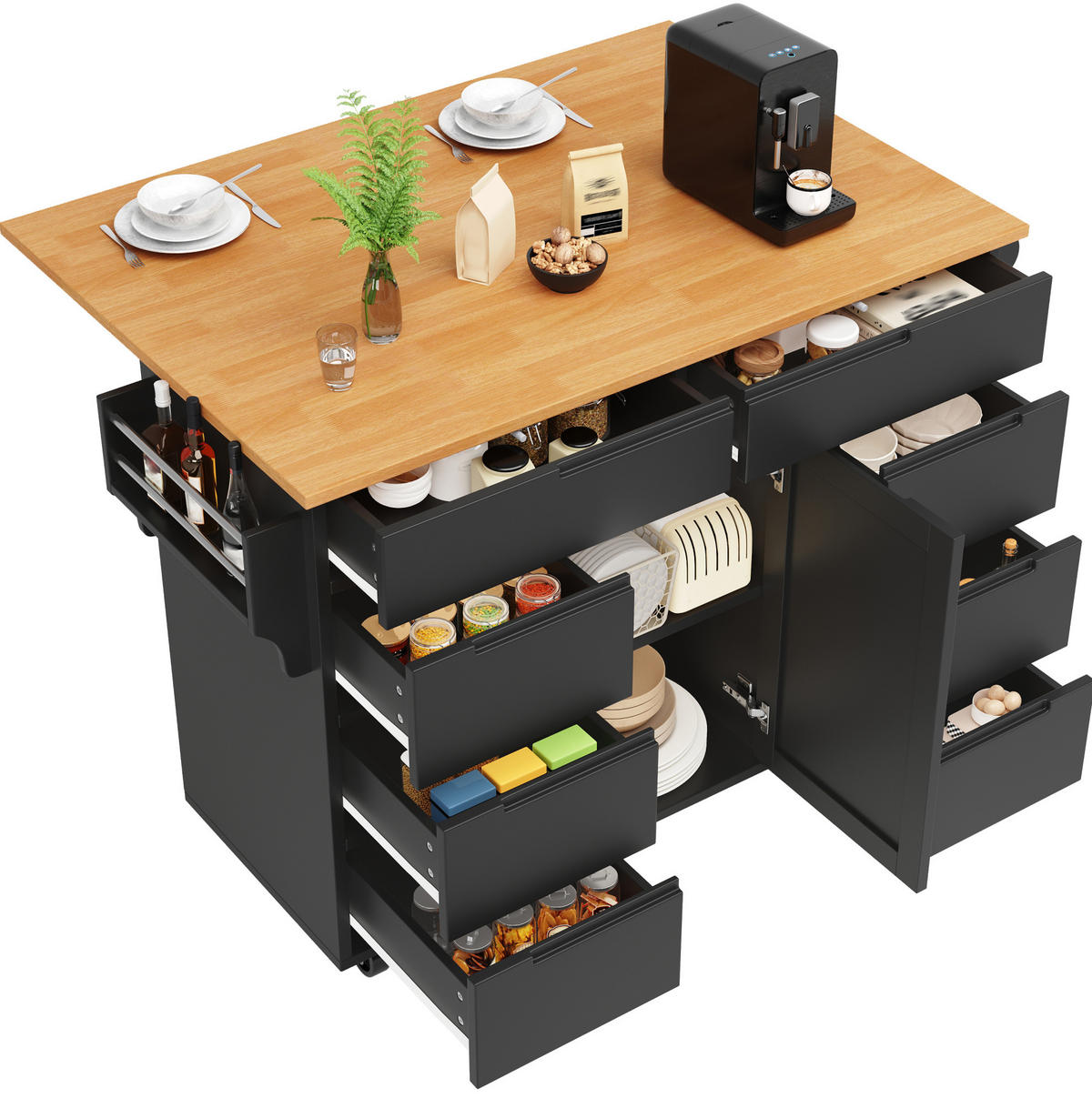 KÜCHENINSEL mit Klapptisch 122 x 74,5 x 91,5 cm Schwarz - Schwarz, Holz (74.5/91.5/122cm) - Beauniv