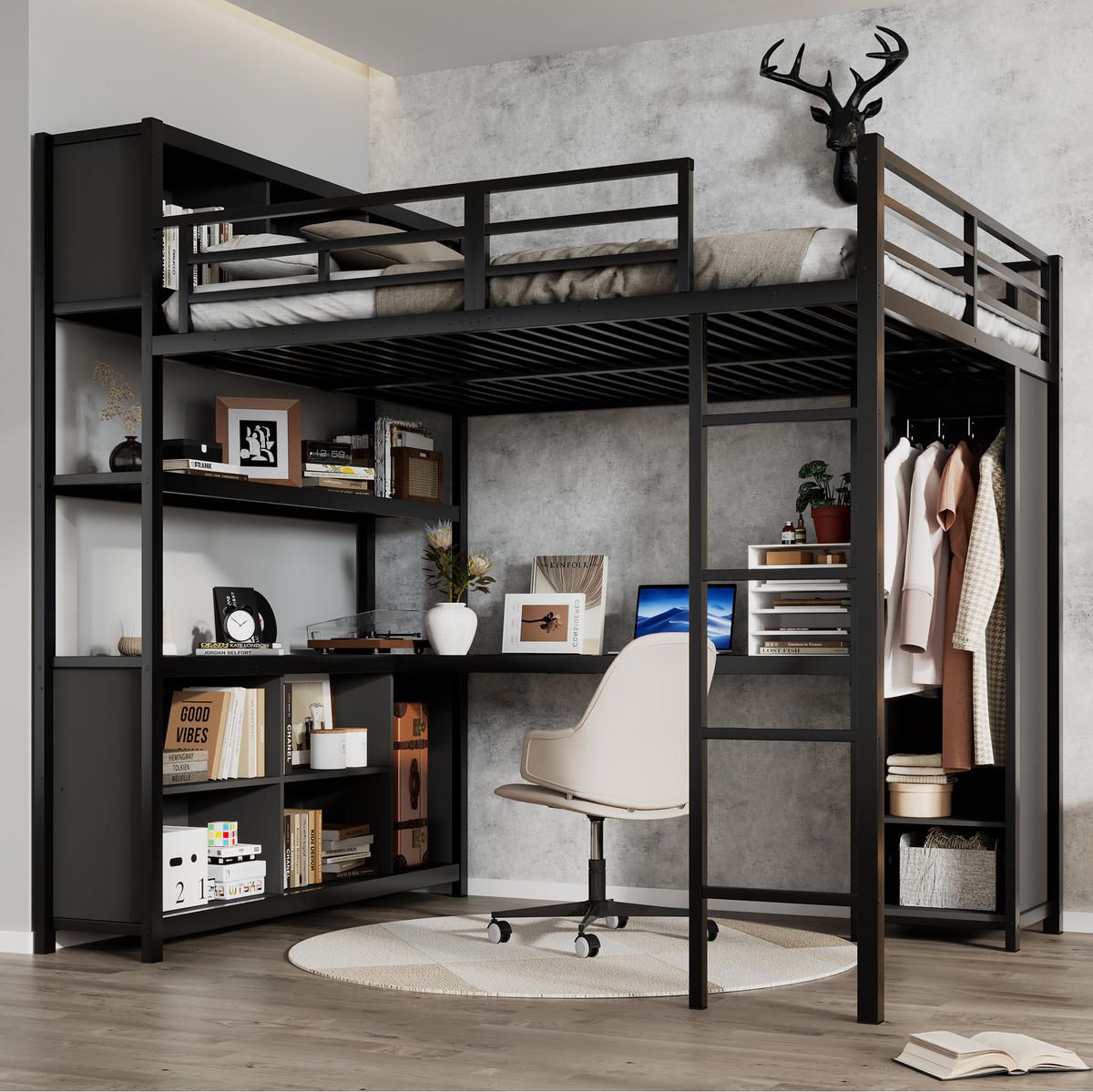 HOCHBETT 140/200 cm mit Schreibtisch, doppeltem Stauraum, Kleiderschrank und 4-stufiger Leiter, Schwarz - Schwarz, Metall (90/200cm) - Redom