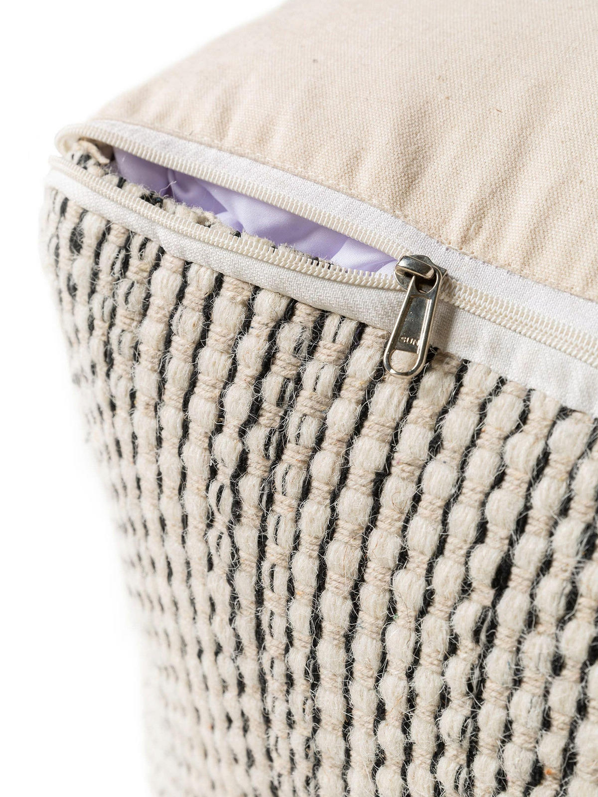 WOLL-POUF handgefertigt Rocco Beige/Schwarz 55x55x30 cm - Beige, Textil (55/30/55cm) - benuta Pure