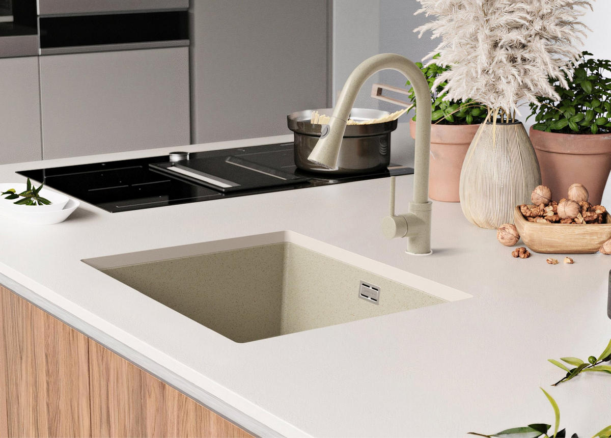 UNTERBAUSPÜLE GRANIT London, 2-er set Beige 56/47 cm 1 Becken + Küchenarmatur 38/14 cm + Ablauf-Set ab 60er Unterschrank - Chromfarben/Beige, Kunststoff (56/20/47cm) - Primagran