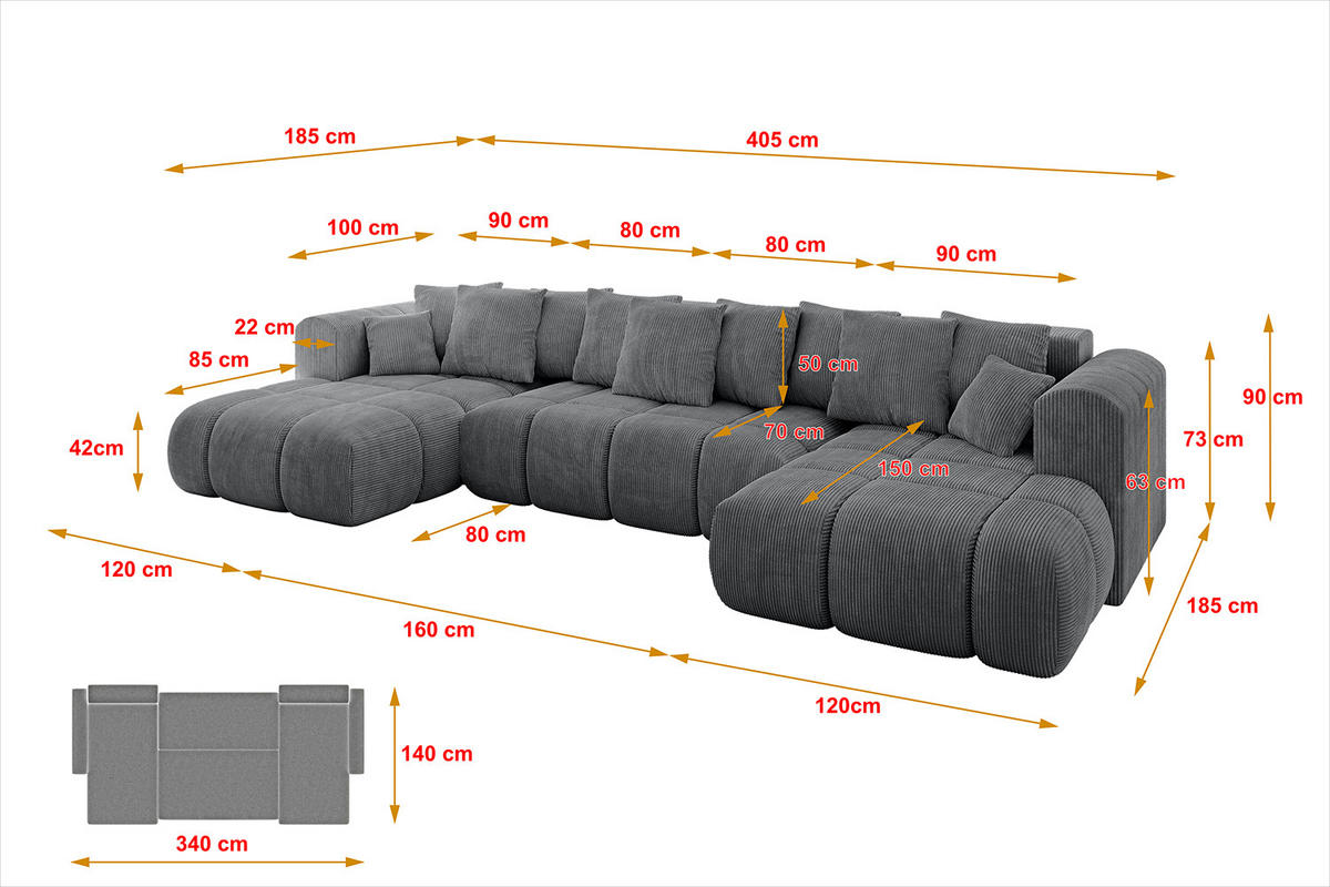 WOHNLANDSCHAFT CLOUD-U-v1 405x185x90 Dunkelgrau Cord - Dunkelgrau, Holzwerkstoff/Kunststoff (405/90/185cm) - ALTDECOR