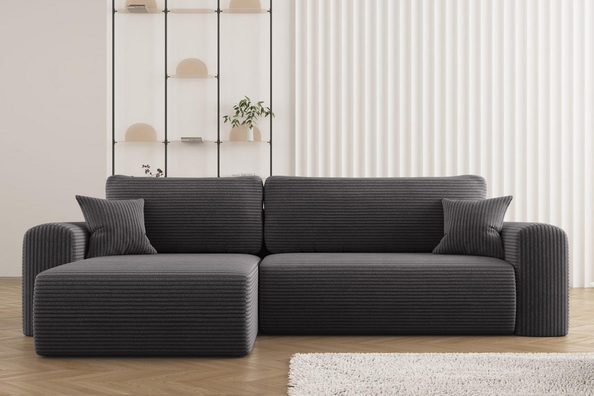 ECKSOFA Mit Schlaffunktion und Stauraum für Bettzeug Capri Stoff Poso Dunkelgrau Links - Dunkelgrau, Holz/Textil (145/272cm) - Kaiser Möbel