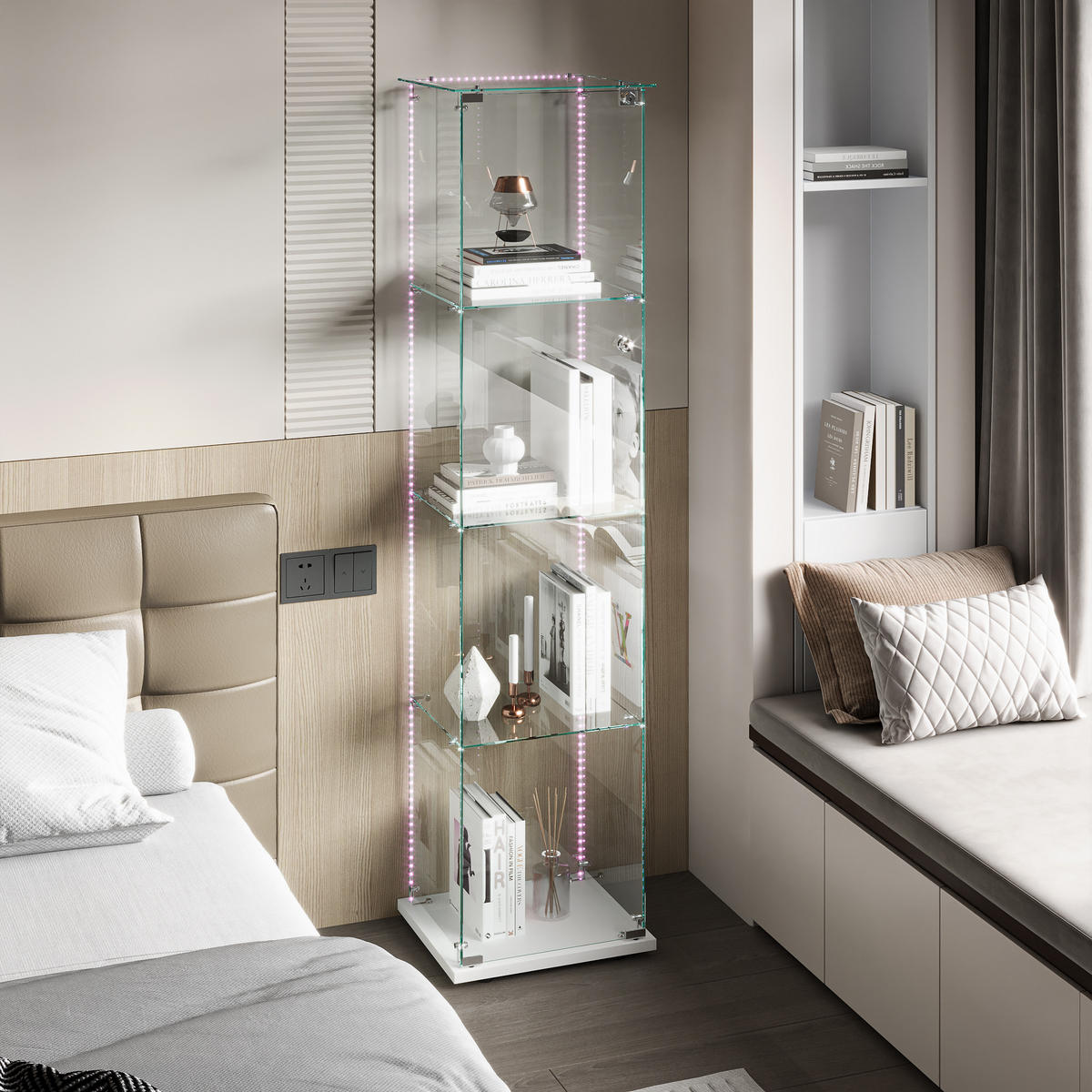 STANDVITRINE 40x163cm mit LED-Leisten, ESG-Glas, Weiß, abschließbar - Weiß, Glas (35/163/39.8cm) - SHOPENTRA