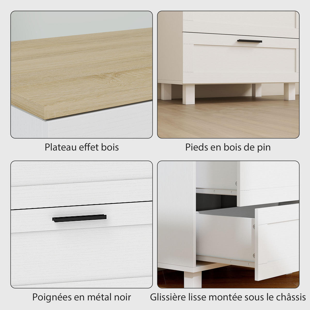 KOMOODE DE-12903 3 Schubladen, moderne Beine Weiß - Weiß, Holzwerkstoff (60/71/38cm) - ComfortXL