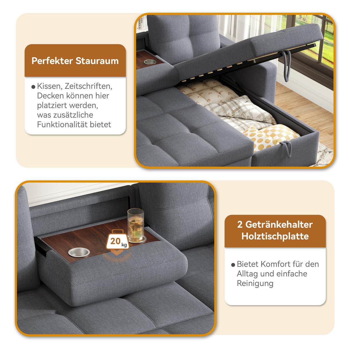 ECKSCHLAFSOFA Leinen Grau mit Stauraum, Schlaffunktion und Getränkehalter - Grau, Holzwerkstoff/Kunststoff (211/136cm) - WISHDOR